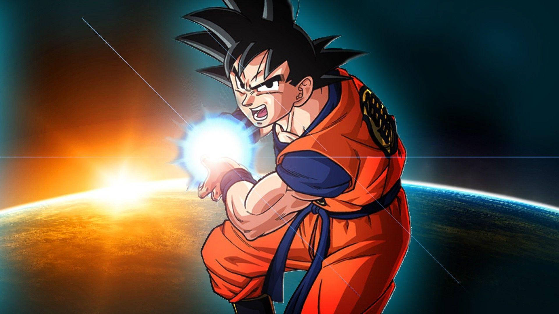 Goku güçlü bir Kamehameha dalgası serbest bırakıyor Duvar Kağıdı