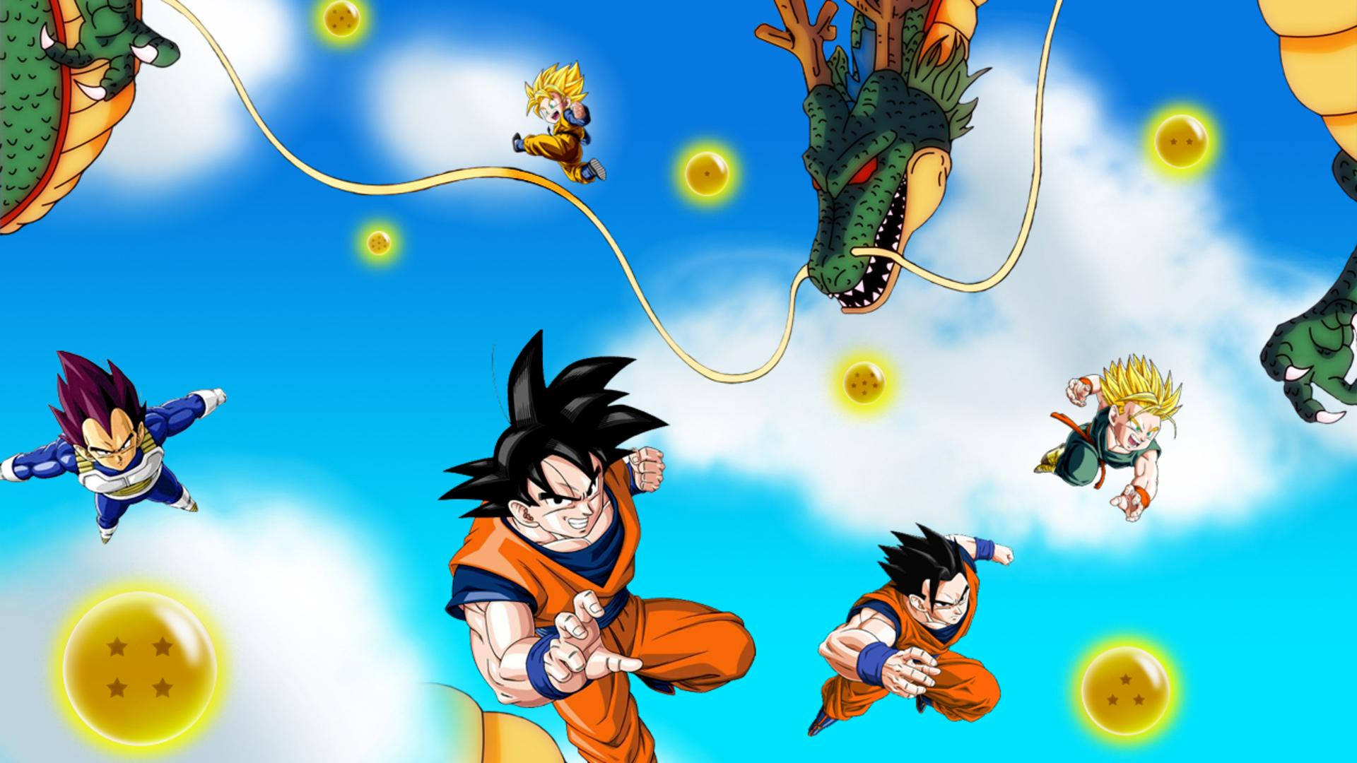 Dragon Ball Z süper broly San Goku ve Vegeta, yeşil ejderha Shenron ve dragon toplarıyla süzülüyor.