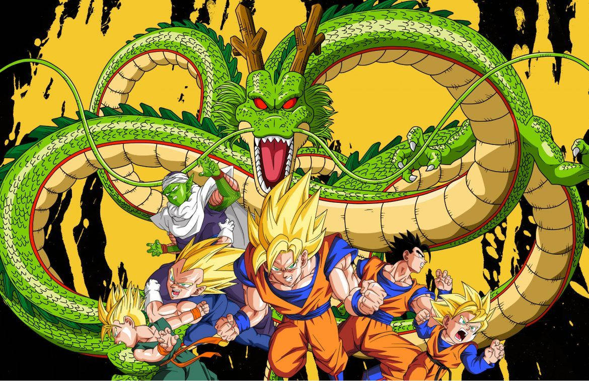 Dragon Ball Z San Goku ve diğer karakterler, yeşil ejderha Shenron ile birlikte süper saiyan modunda.