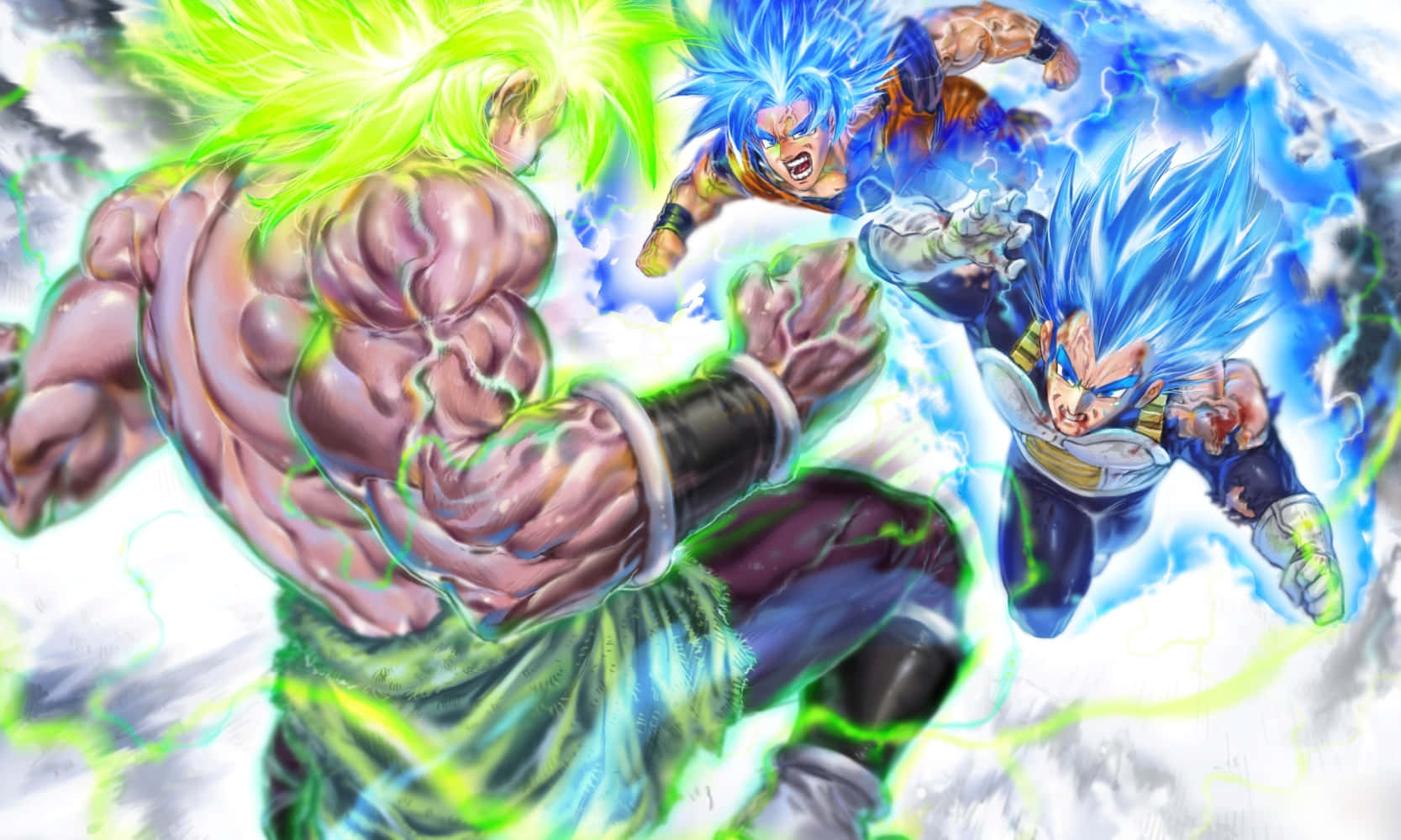 Goku ve Vegeta, Dragon Ball Super Broly'de Broly'ye karşı savaşıyor. Duvar Kağıdı