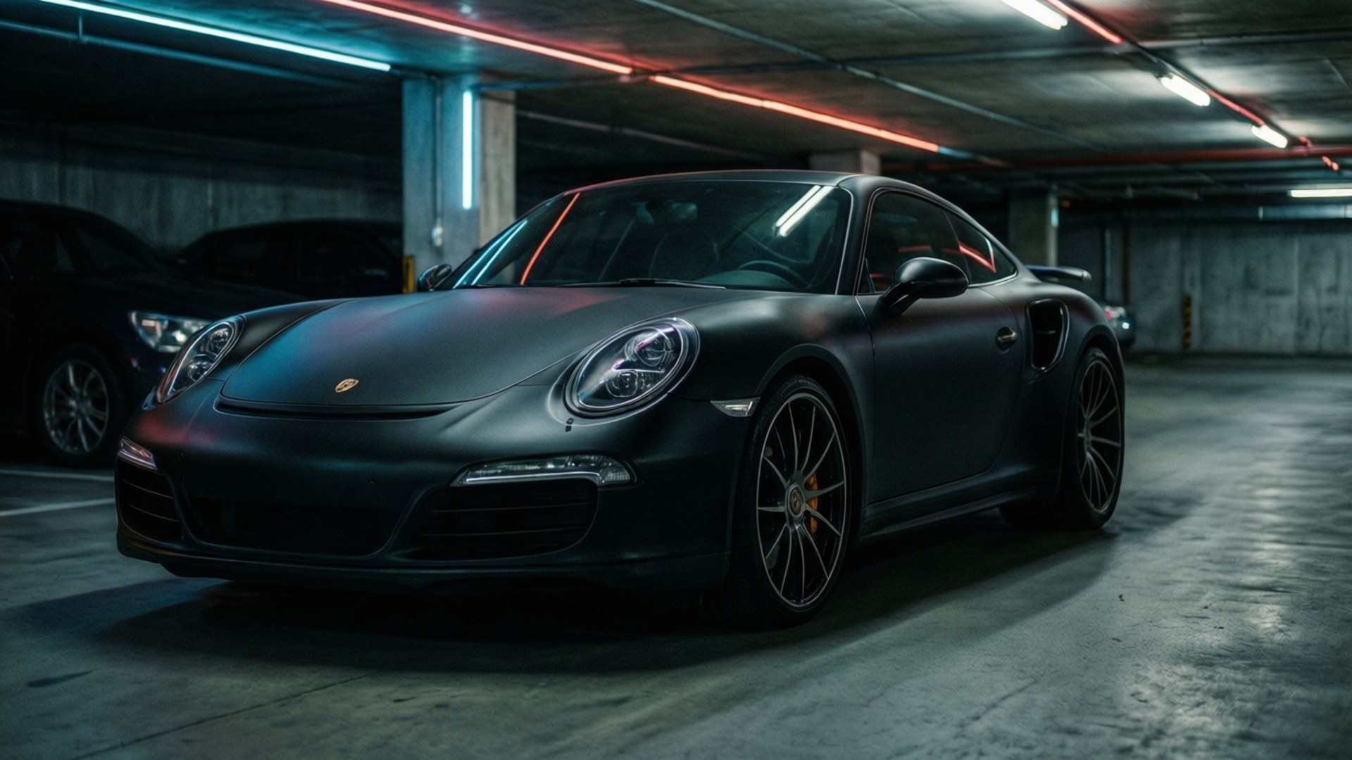 Mat siyah bir Porsche 911 Turbo S, neon yansımaları olan kasvetli bir yeraltı garajında öne çıkıyor.
