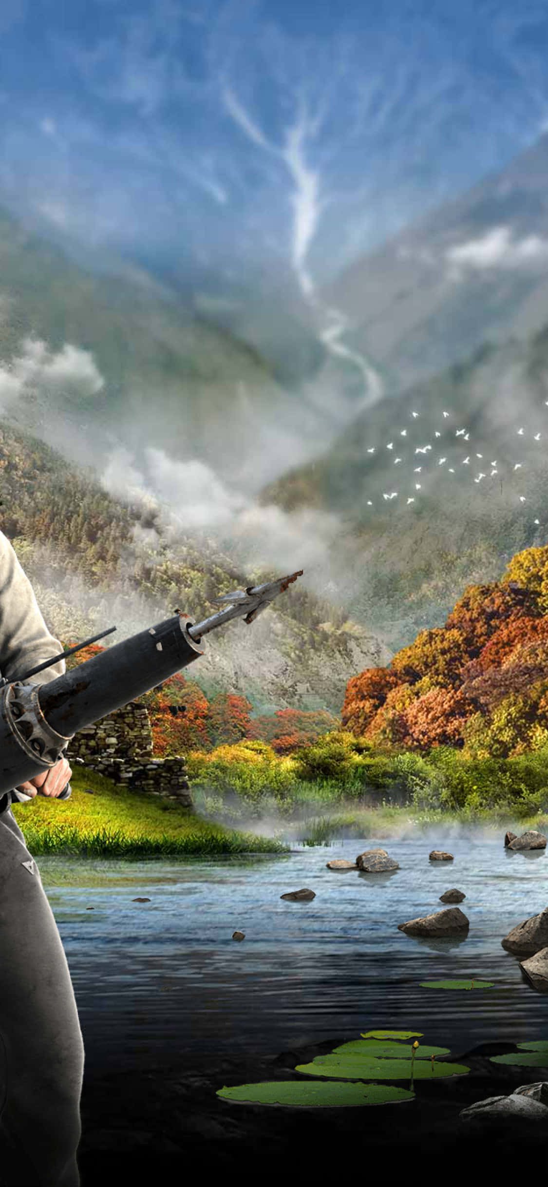 Gölün önünde tüfekle duran bir adam Duvar Kağıdı