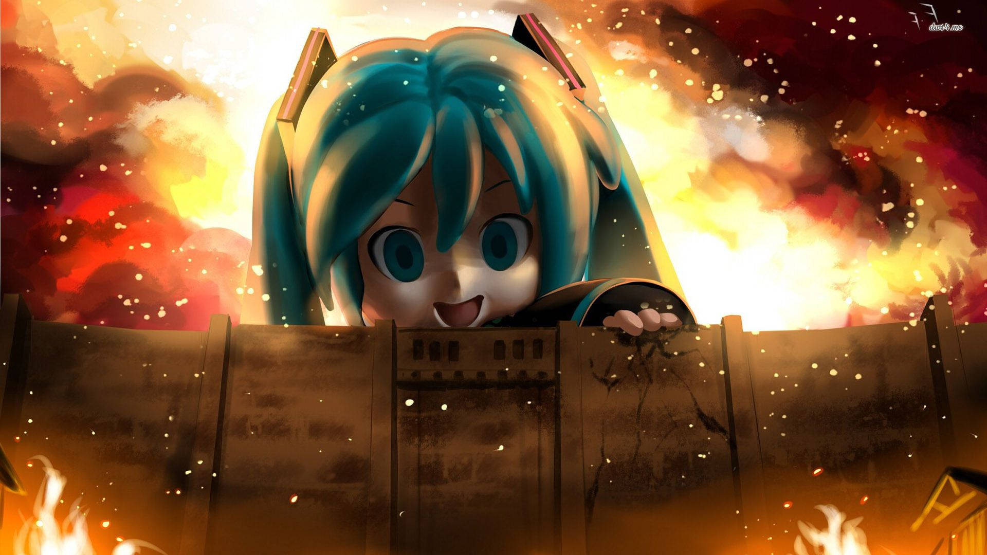 Görsel: Miku Hatsune, Attack on Titan'da Eren Yeager ile Buluşuyor Duvar Kağıdı
