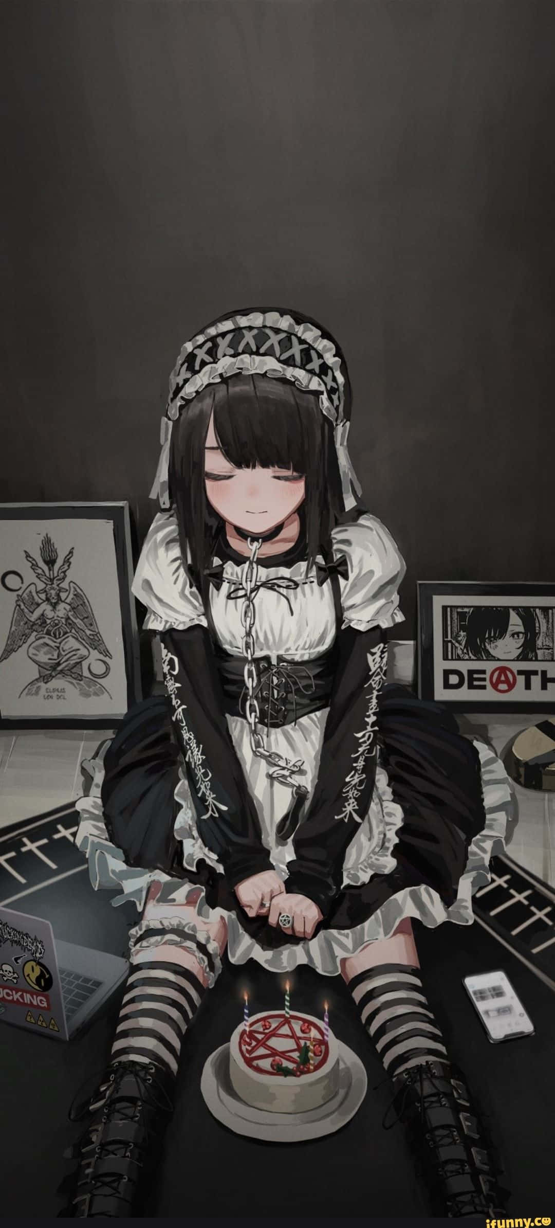 Gotik Anime Hizmetçi Pentagramlı Pastanın Önünde Duvar Kağıdı