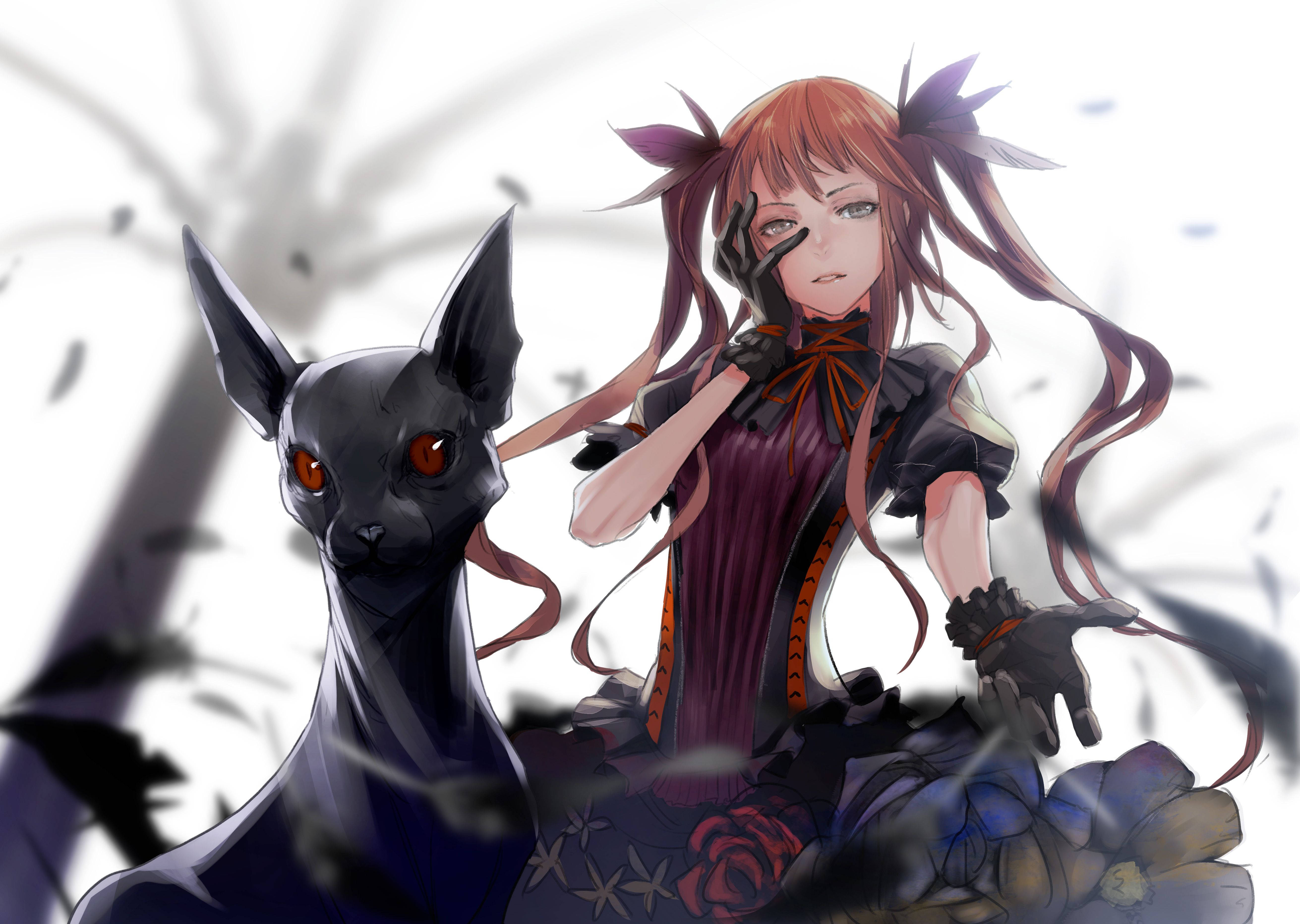 Gotik Anime Kızının Kedisiyle Samimi Bir Anı Duvar Kağıdı