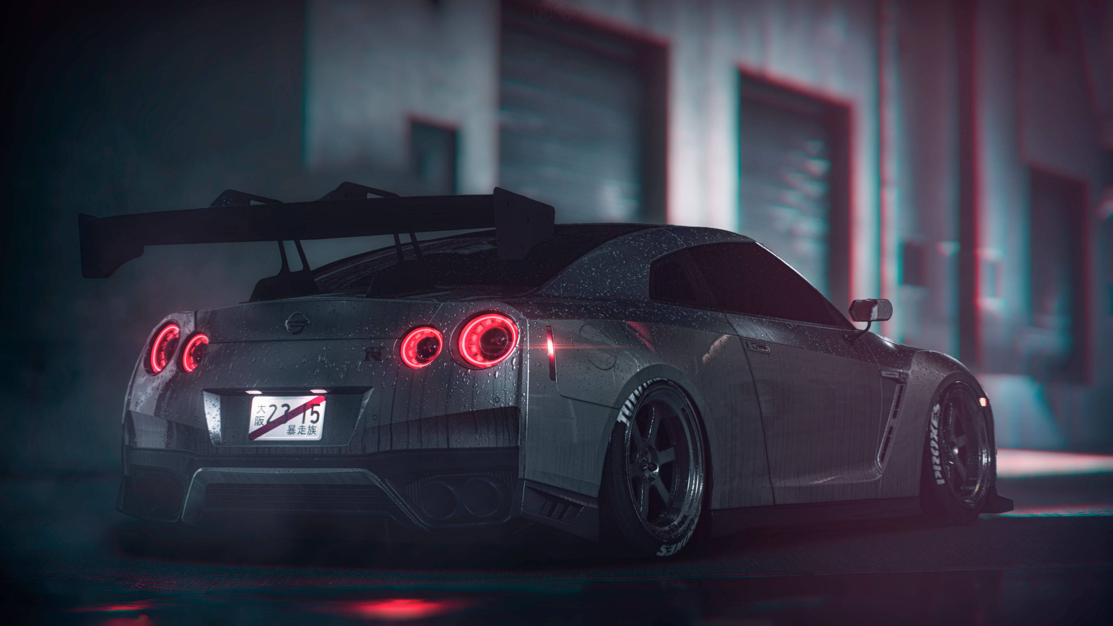 Gri Nissan GT R 4K Arka Farlar Açık Duvar Kağıdı