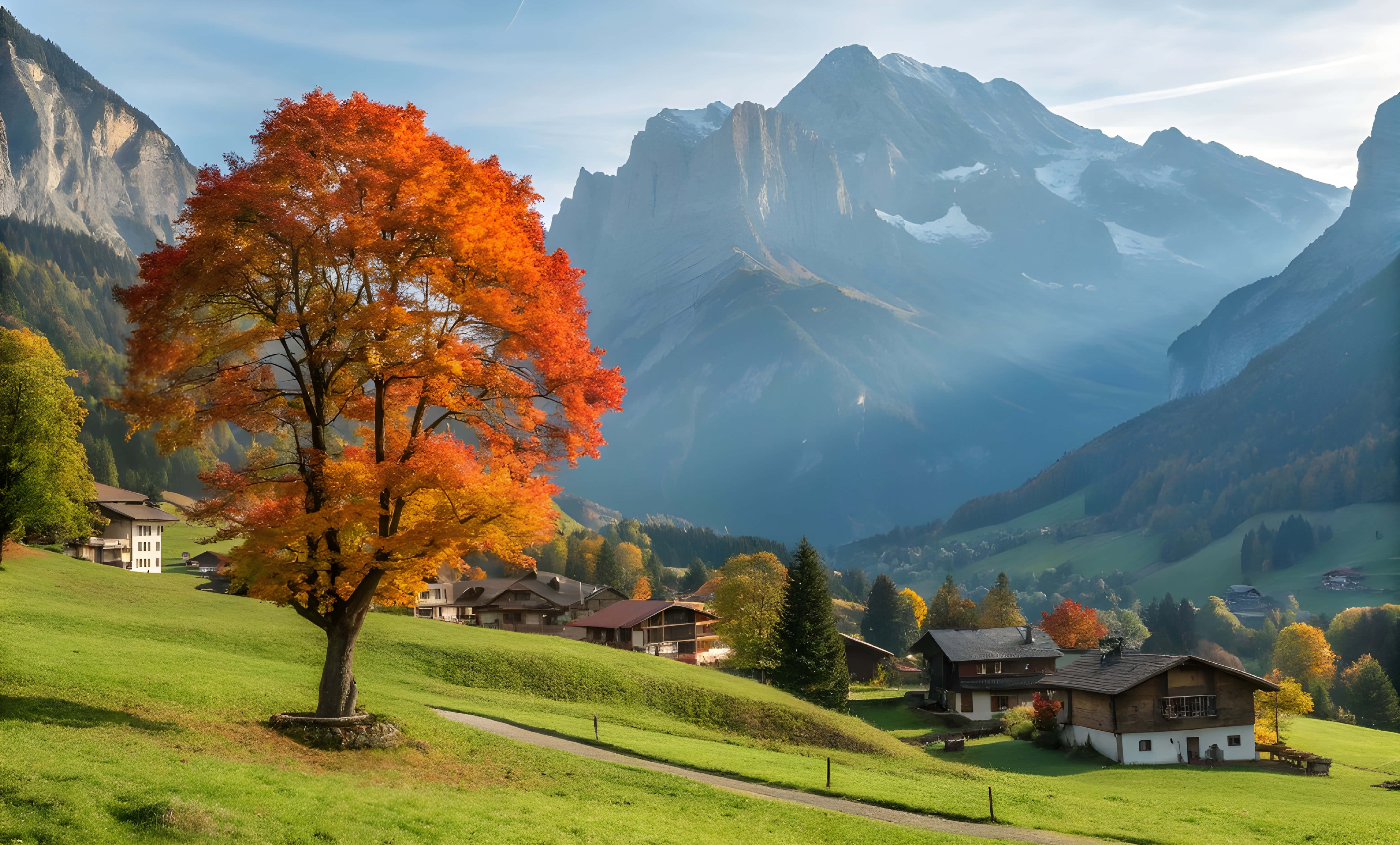 Grindelwald köyü ve turuncu ağaçlı mavi dağ manzarası Duvar Kağıdı
