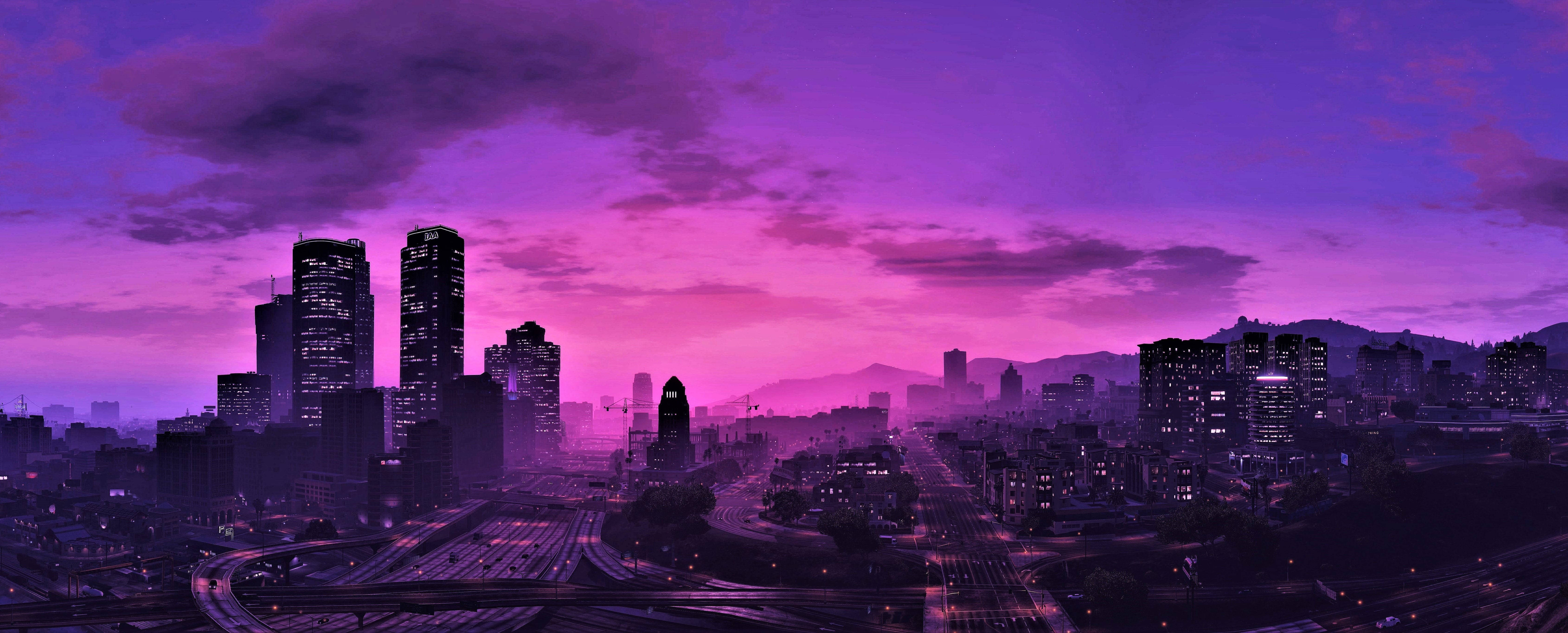 GTA 5 Mor Şehir Silüeti 1080p Oyun Duvar Kağıdı