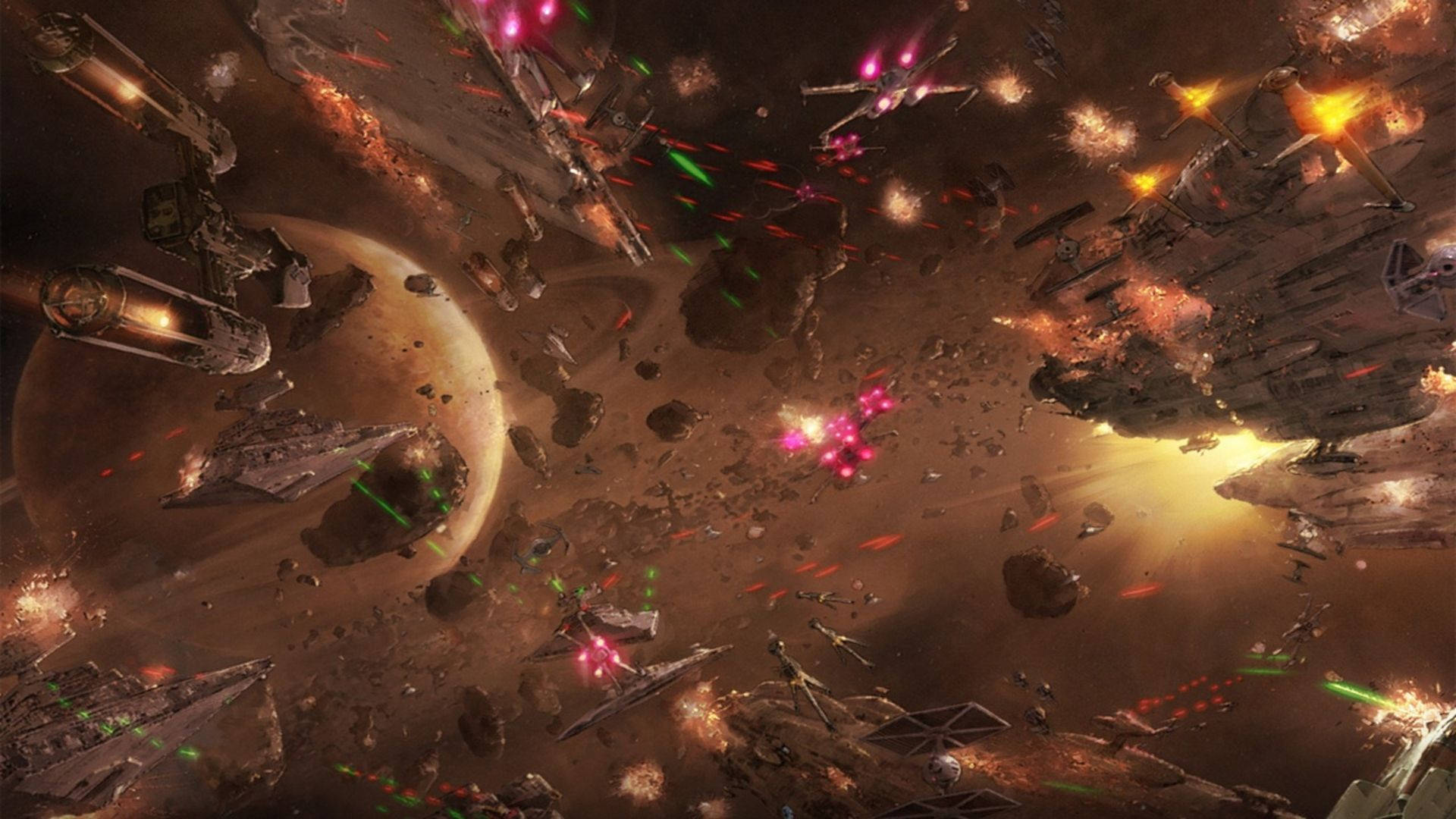 Uzayda başka bir gezegende geçen uzay gemisi savaşının Star Wars duvar kağıdı