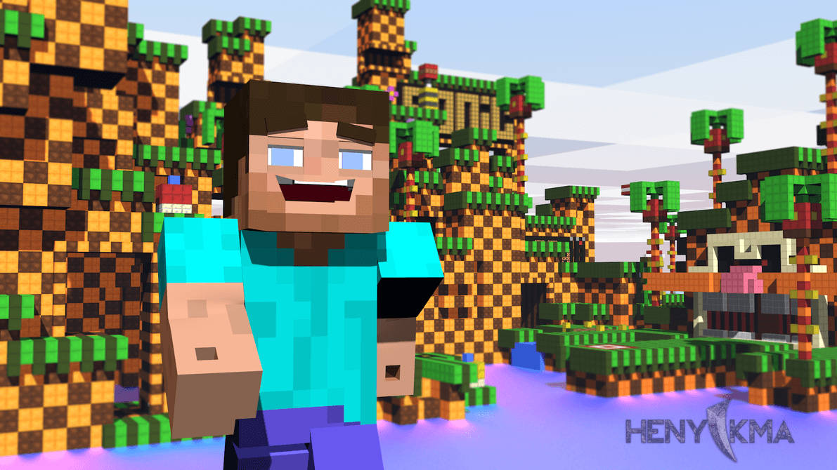 Gülen Steve, Minecraft Bloklarından Oluşan Bir Dünyada Güneşin Tadını Çıkarıyor Duvar Kağıdı