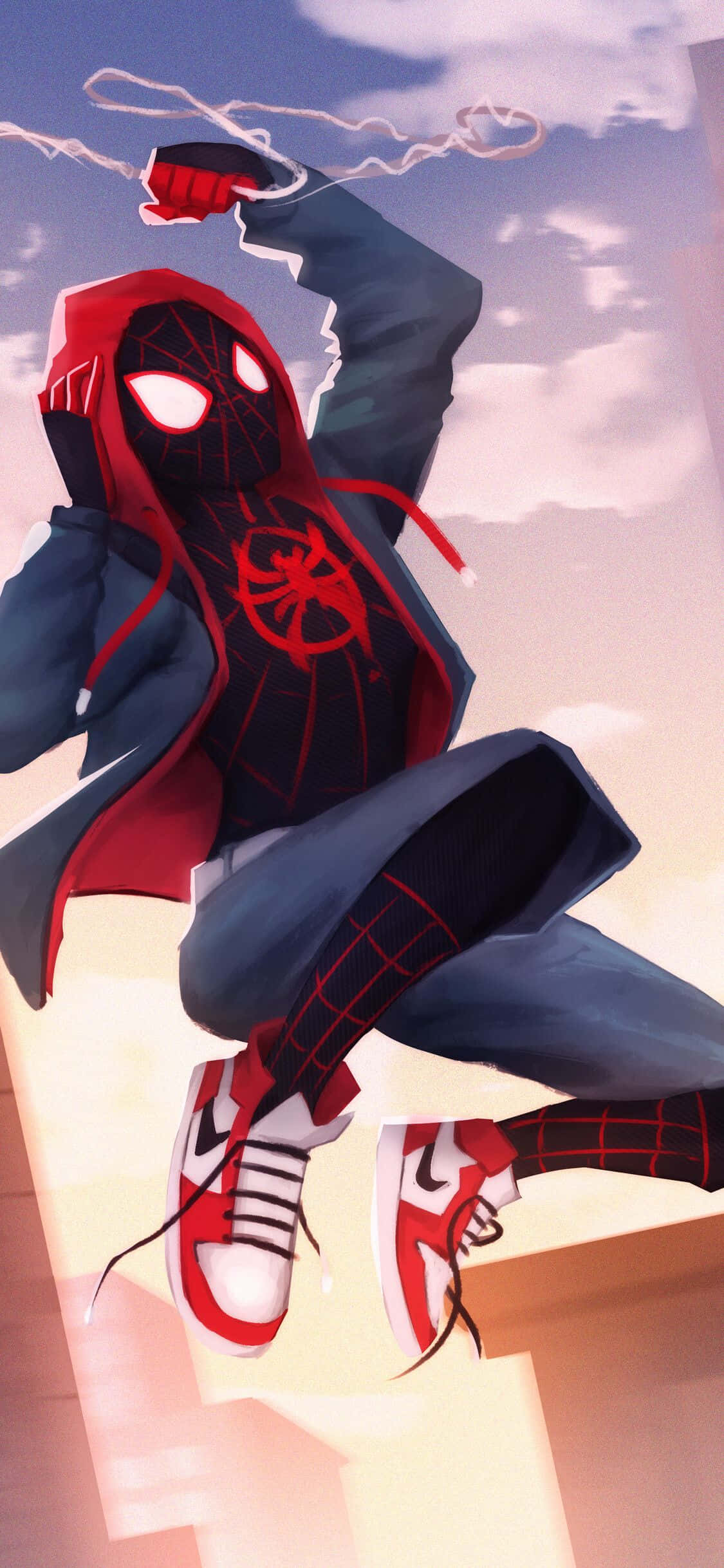 Gün Batımı Gökyüzü ve Marvel Kurgusal Karakteri Miles Morales iPhone Duvar Kağıdı