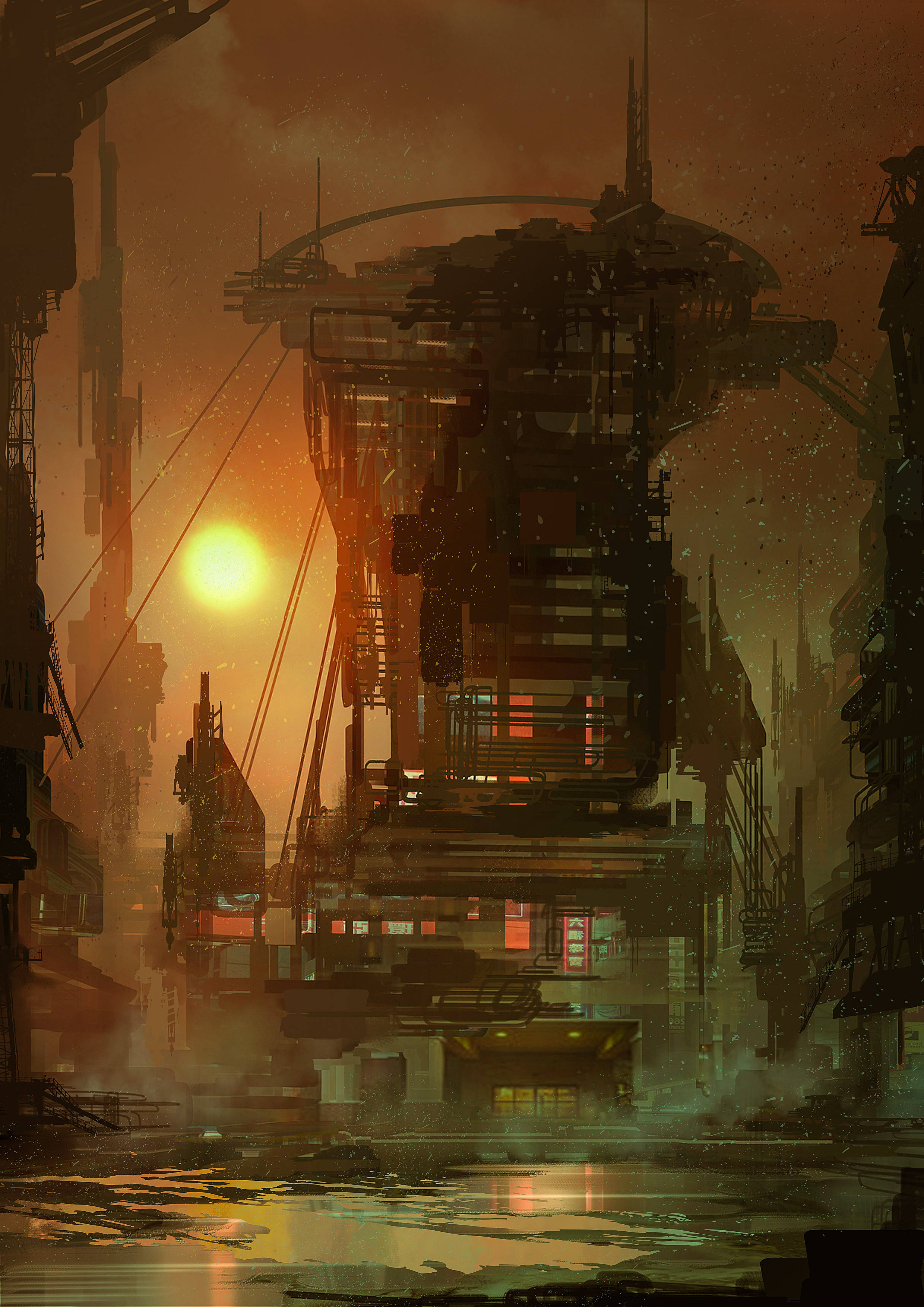 Gün Batımında Ölümsüzleştirilmiş Aydınlatılmış Steampunk Bina Duvar Kağıdı
