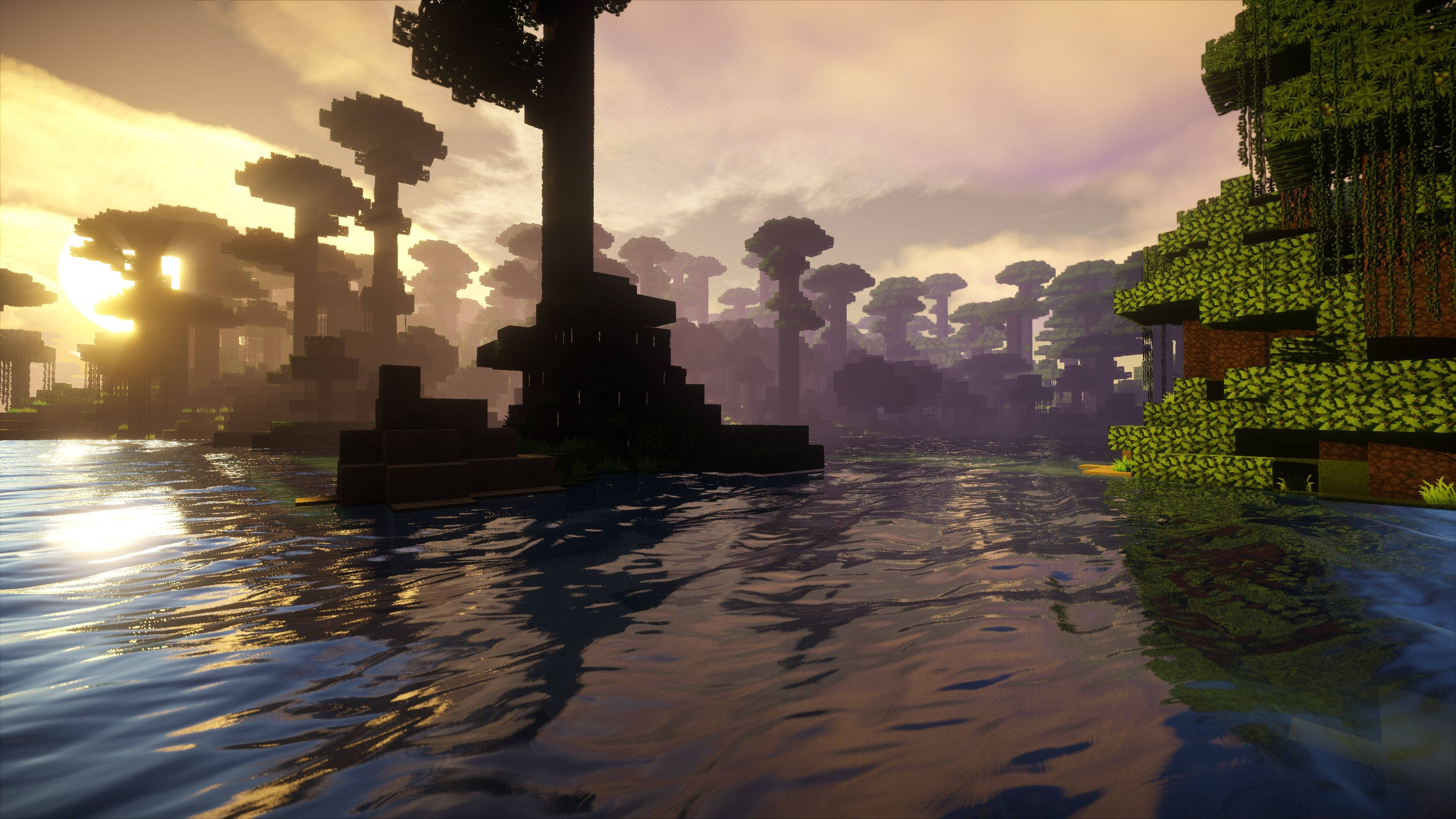 Güneşle yıkanmış bir Minecraft ormanında huzurlu bir akşam Duvar Kağıdı