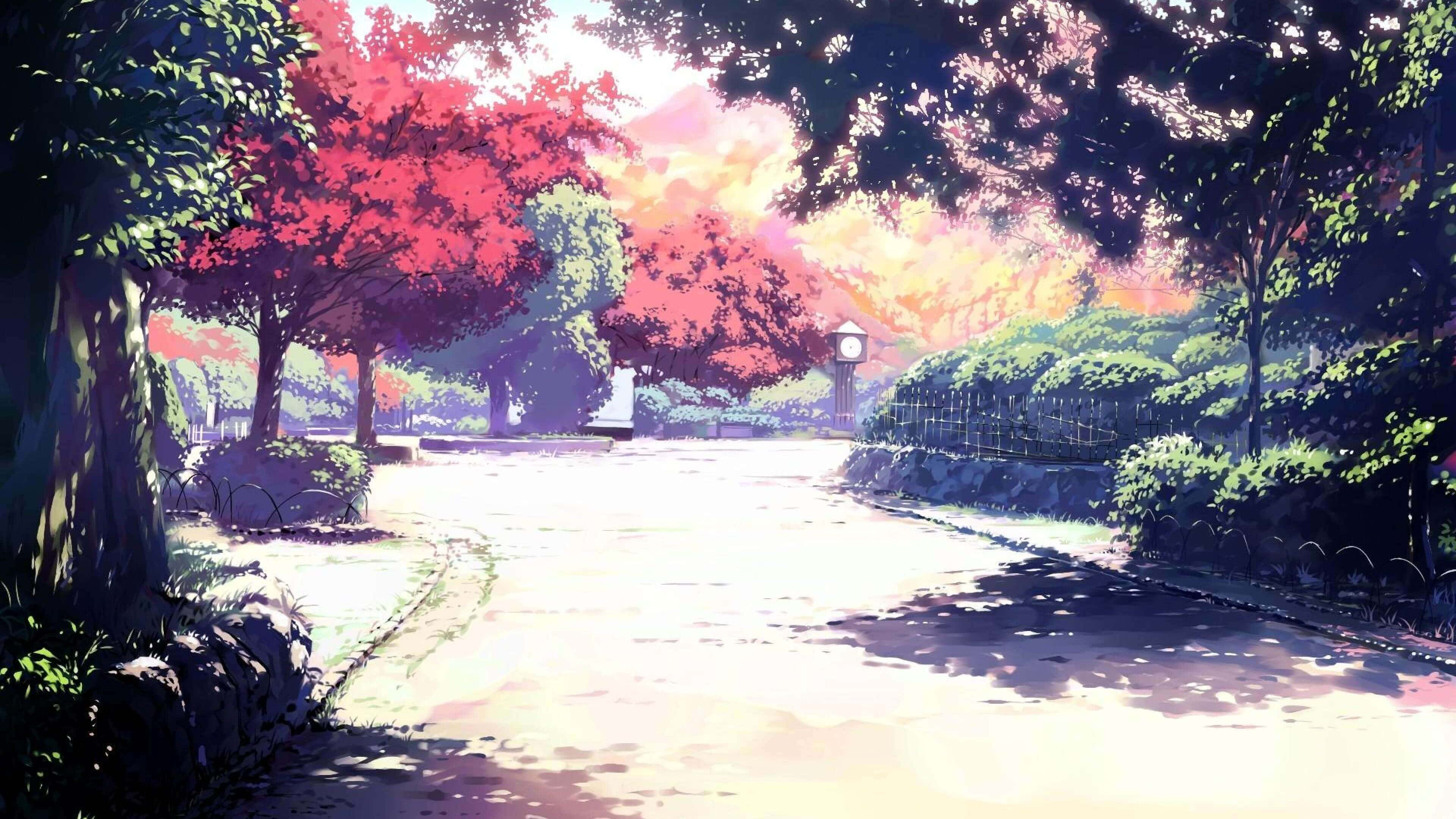 Güneşli Ağaçlarla Anime Parkı Arka Planı Duvar Kağıdı