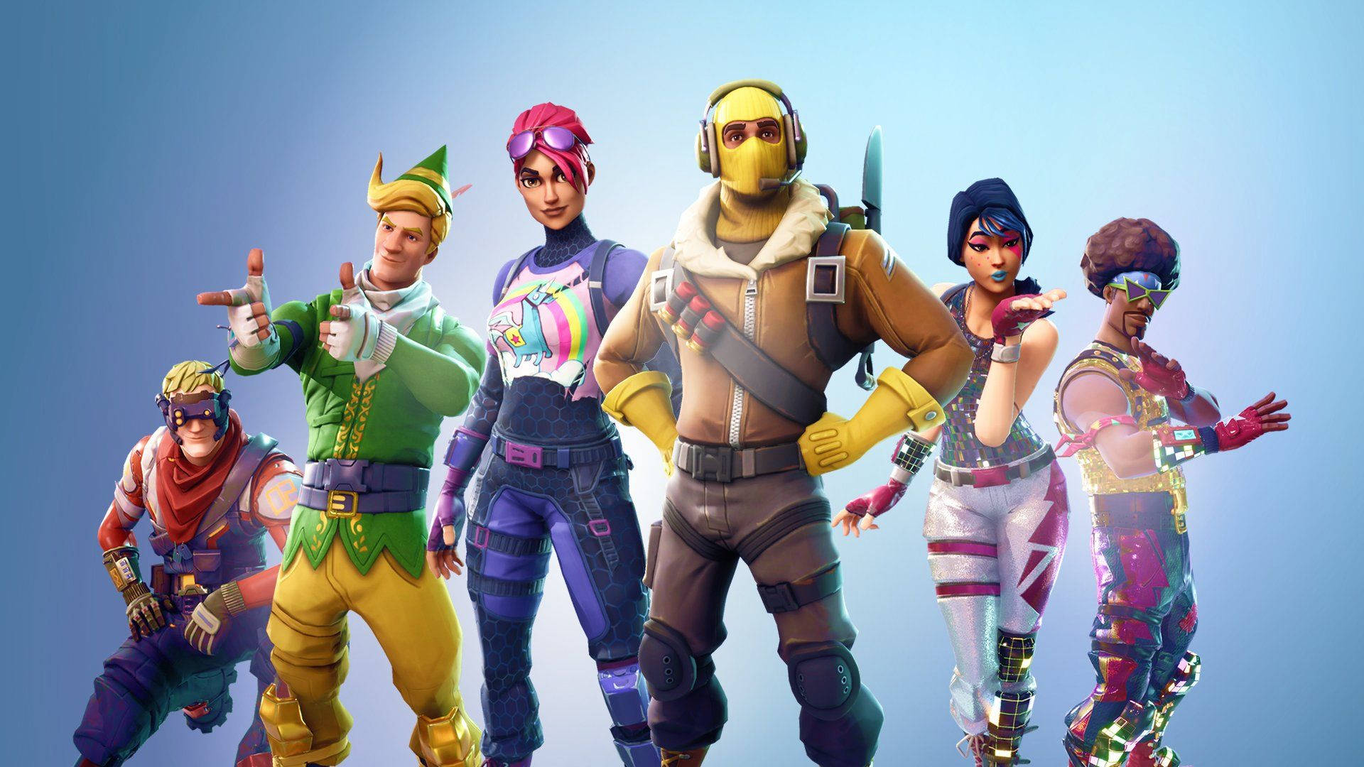 Mavi ombre arka planda 6 Fortnite karakteri HD duvar kağıdı.