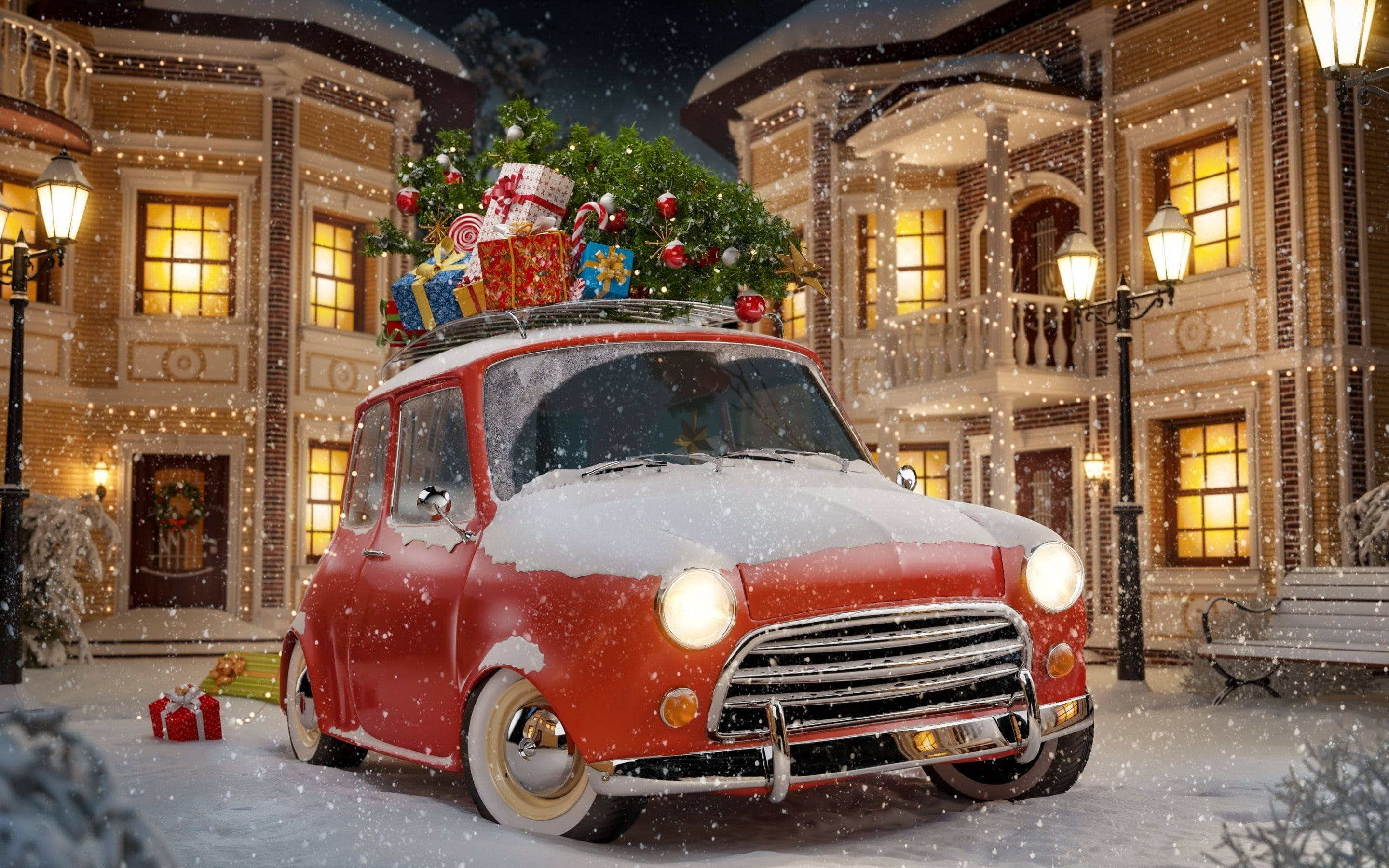 Güzel Karlı Noel Arabası Duvar Kağıdı