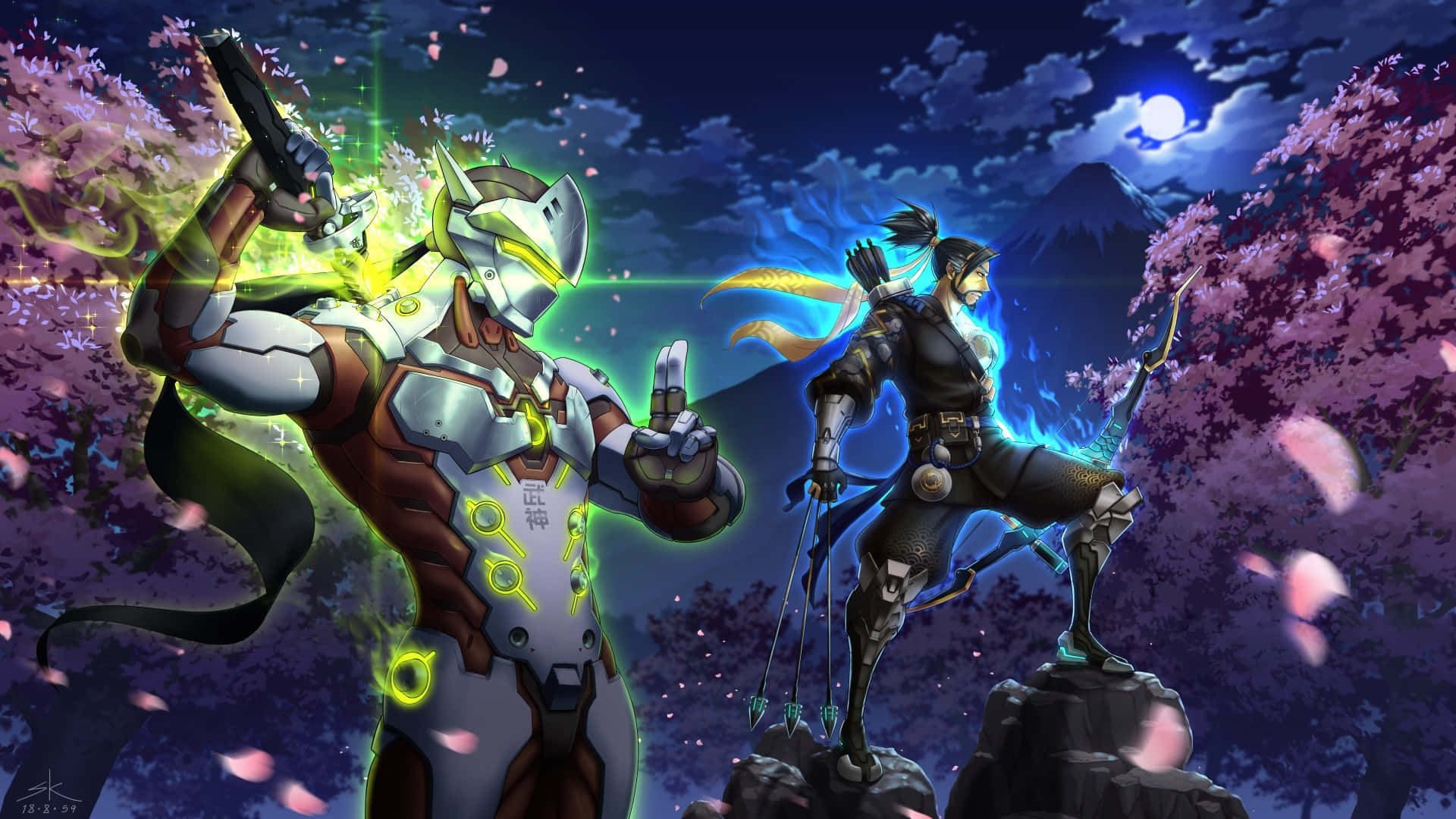 Hanzo ve Genji Karakterleri 1920x1080 Overwatch Gece Arkaplanı Duvar Kağıdı