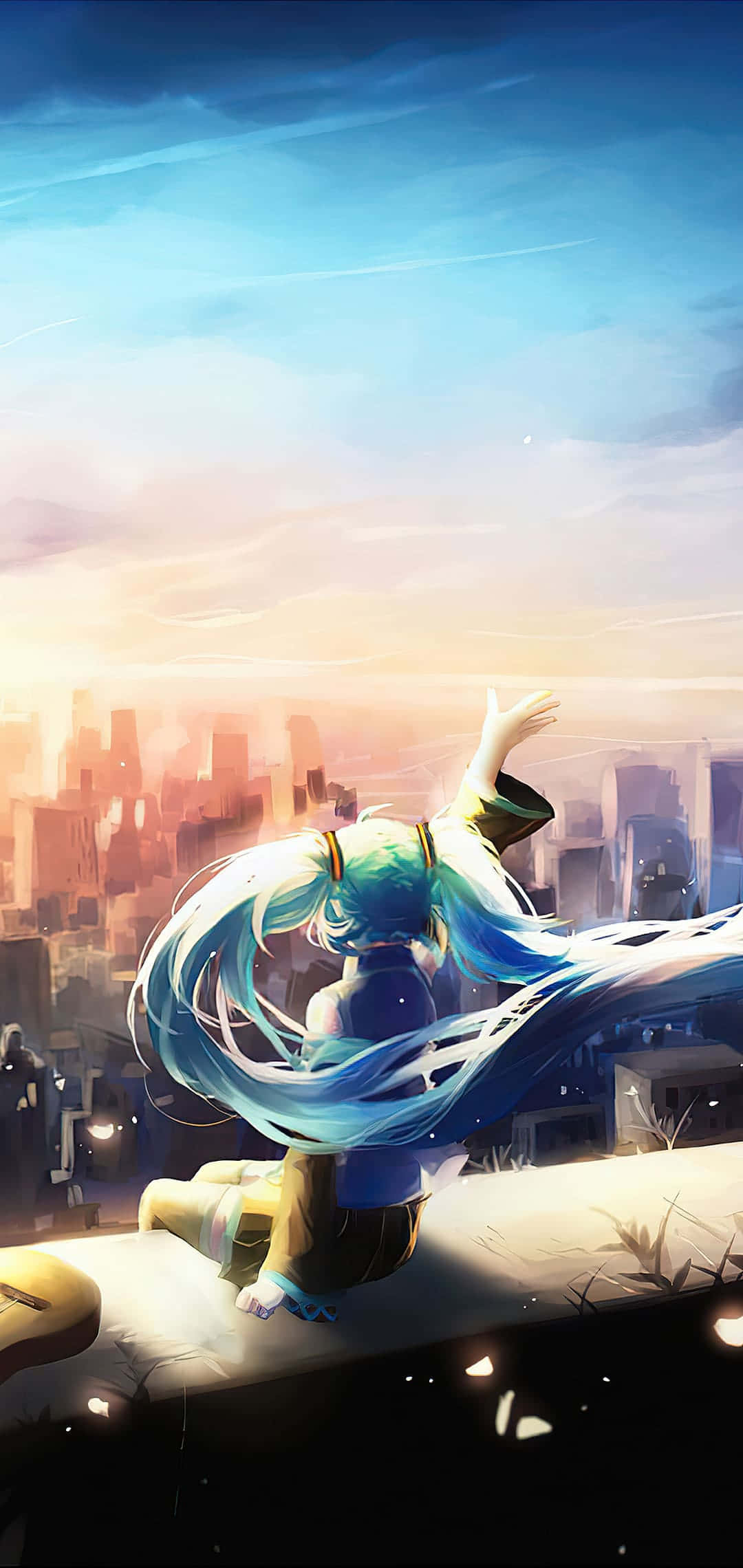 Hatsune Miku Çatı Katı Şehir Manzaralı Telefon Duvar Kağıdı