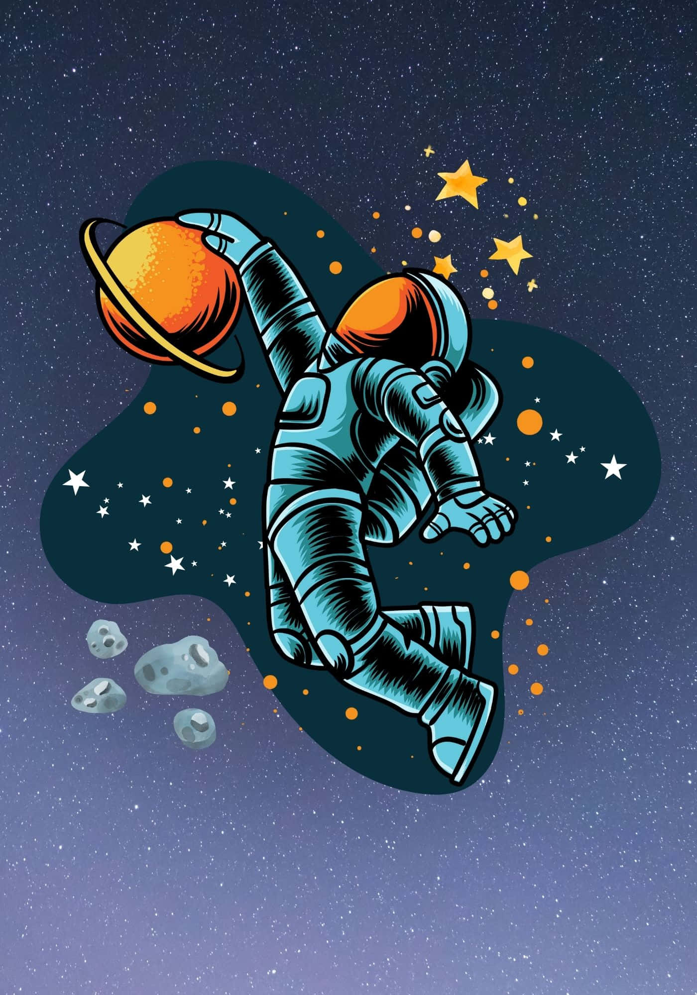 Havalı Astronot Yıldızlar ve Asteroit Arka Planıyla Duvar Kağıdı