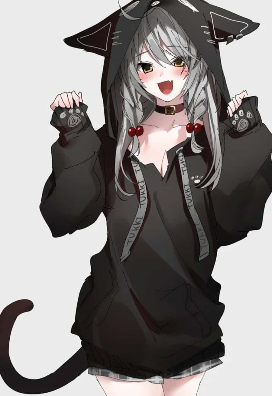 Havalı ve şık bir Anime Kızı, şirin bir kapüşonlu süveter giyiyor Duvar Kağıdı