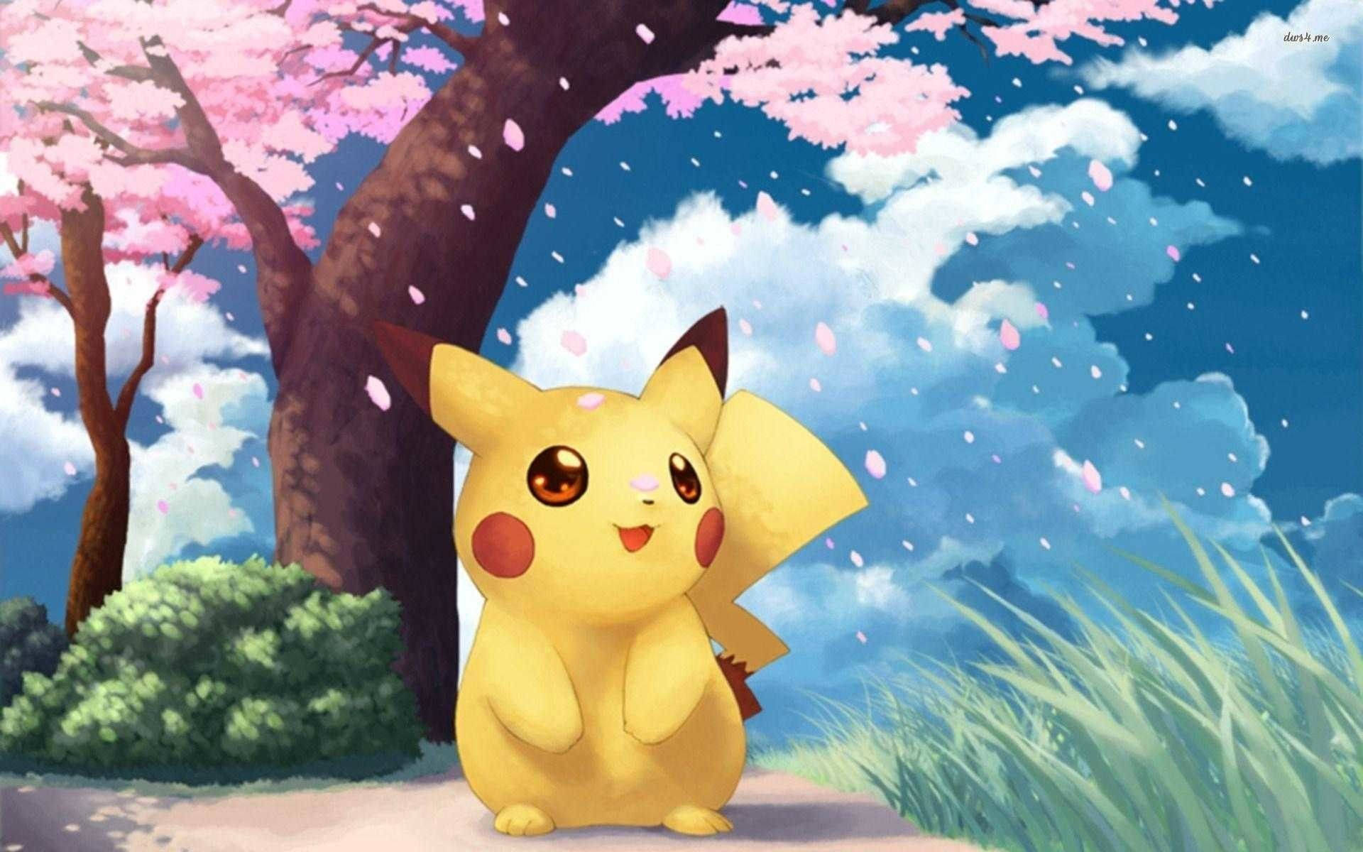 Havalı Pokemon Pikachu Kiraz Çiçeği Duvar Kağıdı