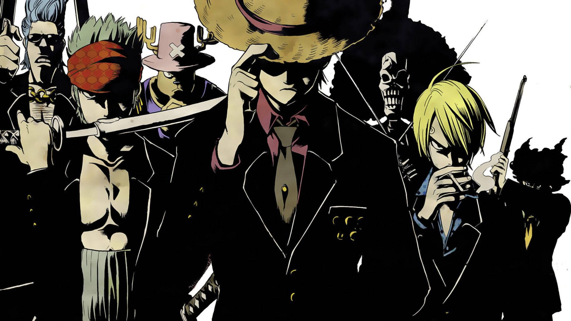 One Piece Hasır Şapka erkek ekibi siyah takım elbiseyle şık görünüyor duvar kağıdı.