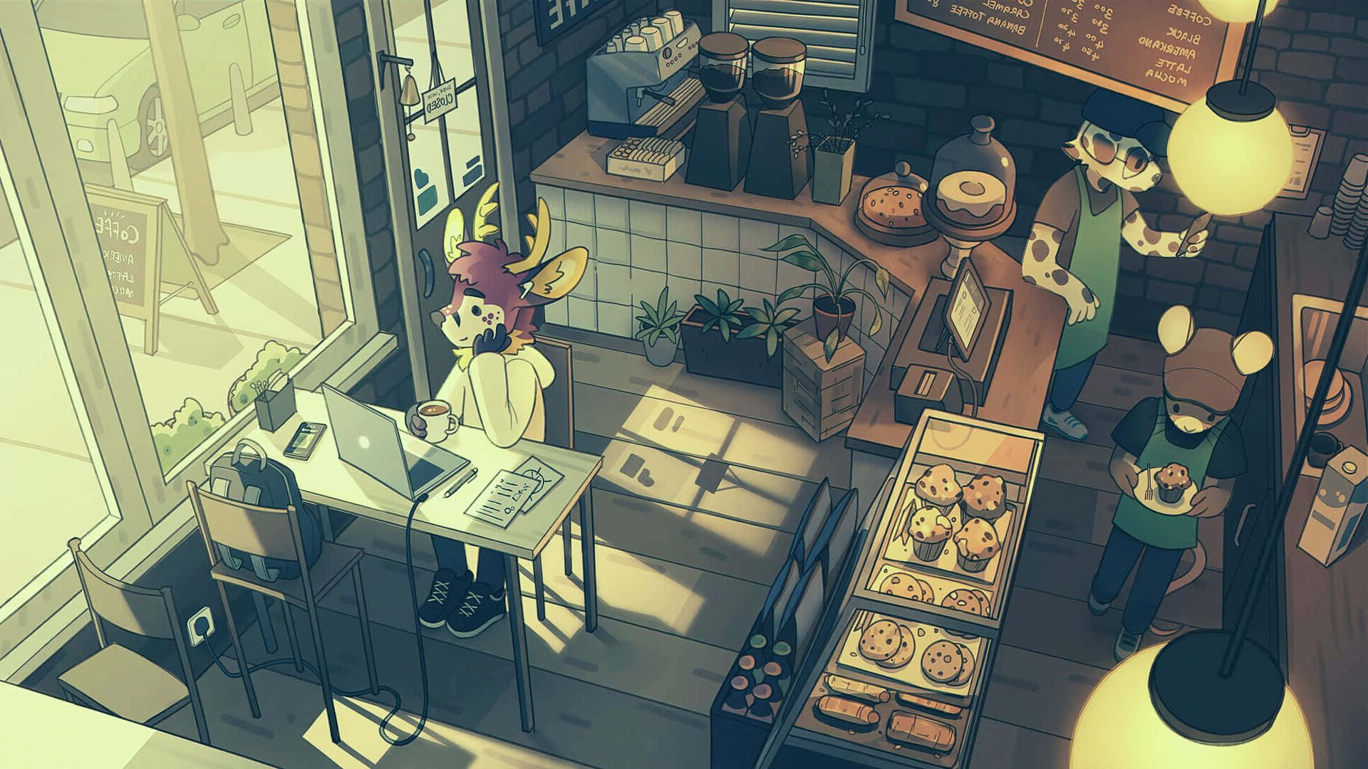 Hayvan Kostümlü Anime Kafe Arkaplanı Duvar Kağıdı