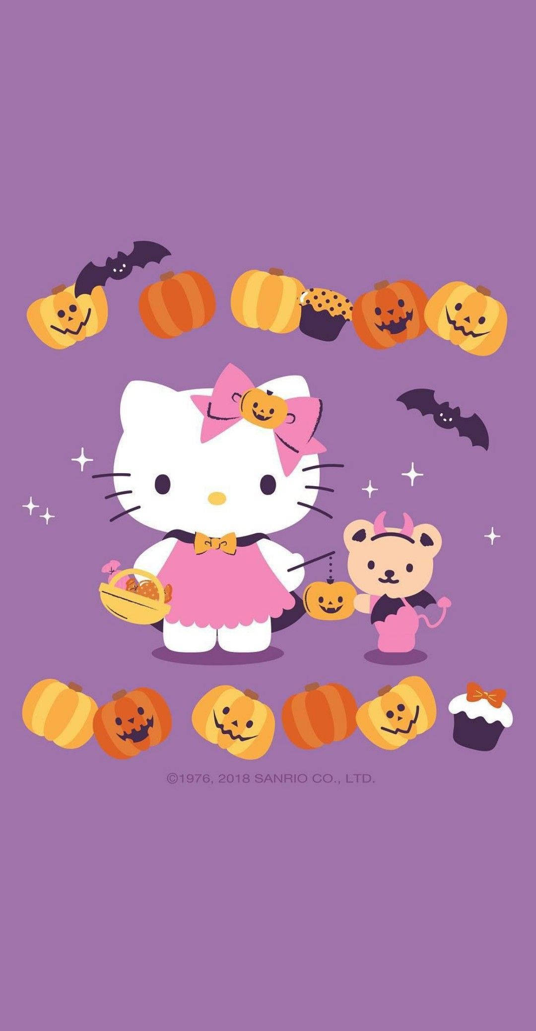 Hello Kitty Cadılar Bayramı Mor Grafik Duvar Kağıdı
