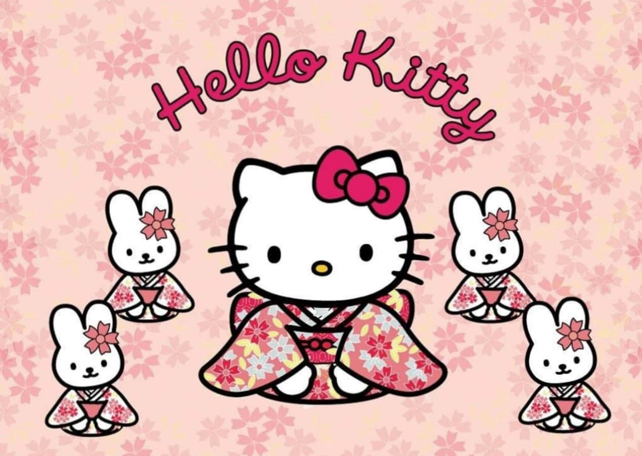 Hello Kitty Dizüstü Bilgisayar ve Kimonolu Tavşanlar Duvar Kağıdı