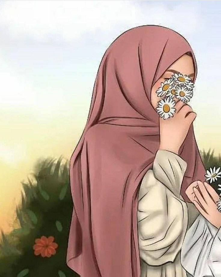 Hicab Karikatür Beyaz Çiçekler Duvar Kağıdı
