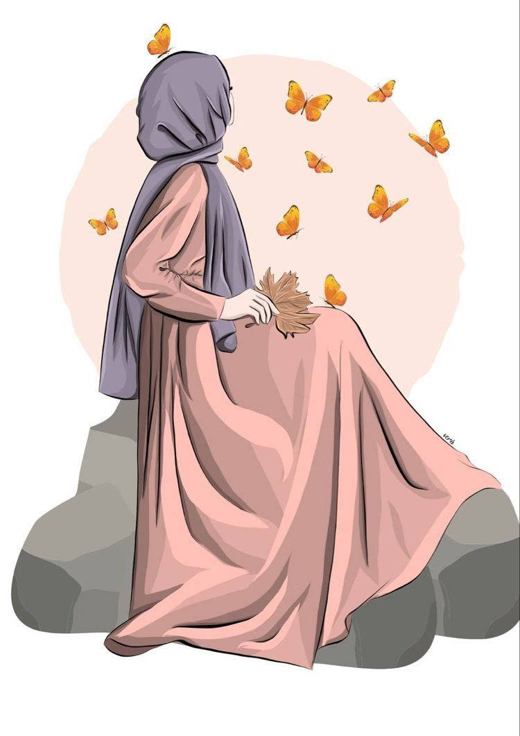 Hicab Karikatür Turuncu Kelebekler Duvar Kağıdı
