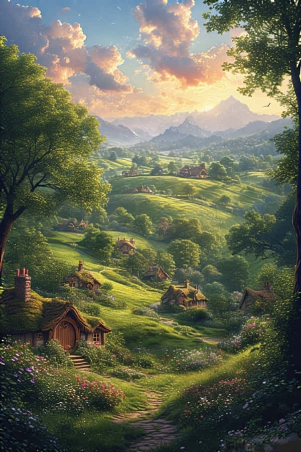 Hobbiton Tepeleri ve Hobbit Evleri Fantezi 4K Duvar Kağıdı