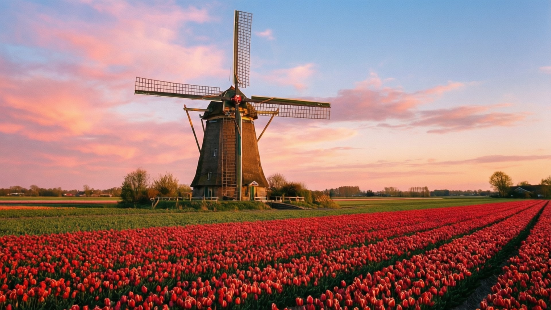 Hollanda Yel Değirmeni Gün Batımı Duvar Kağıdı