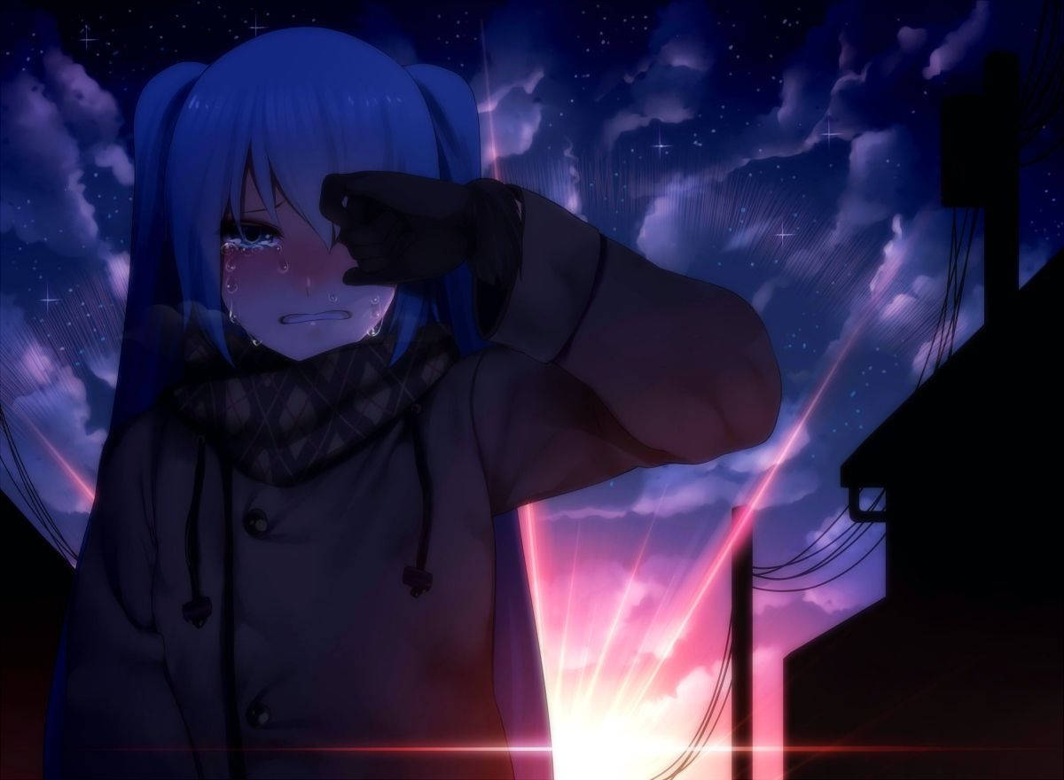 Hüzünlü Anime Kızı Gün Batımında Estetik Duvar Kağıdı