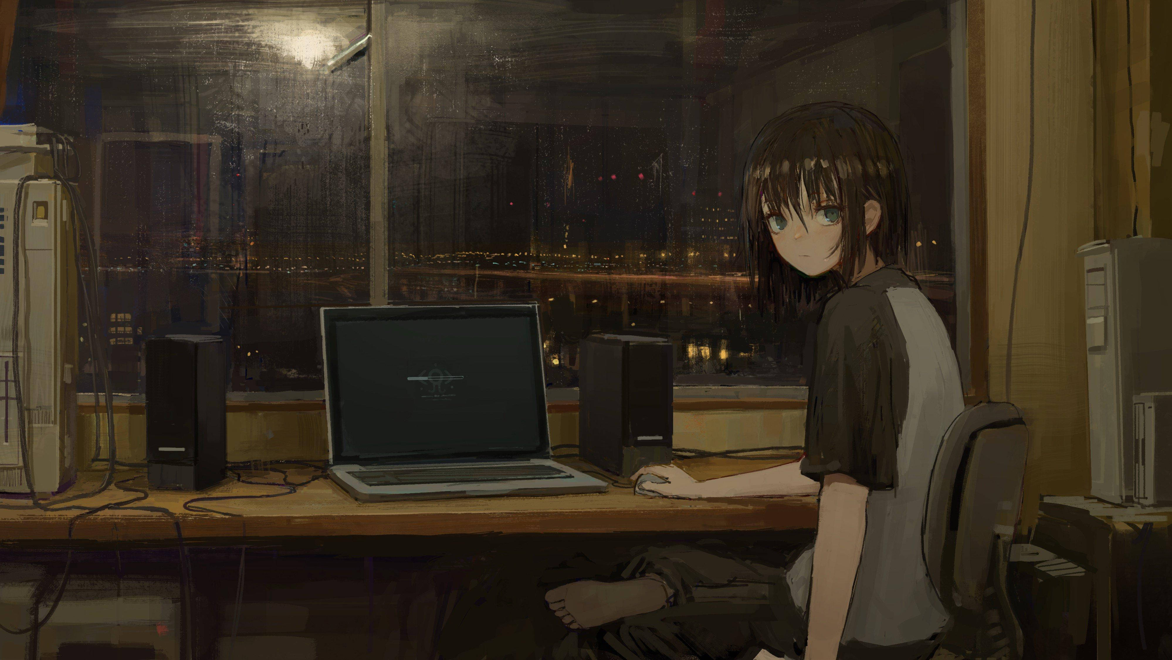 Hüzünlü Estetik Masaüstü Yalnız Anime Çocuk Duvar Kağıdı