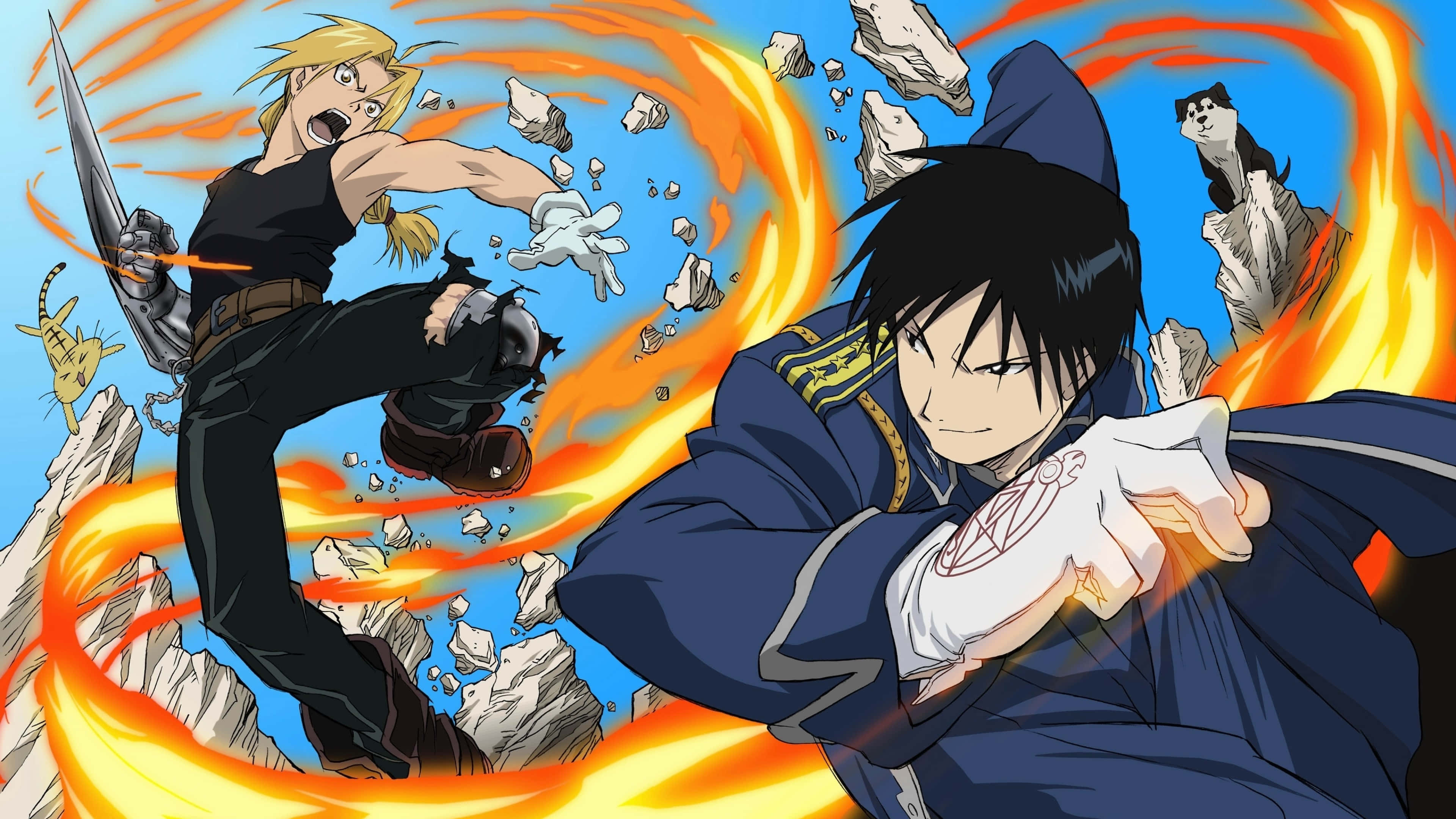 iki anime karakteri ateşle kavga ediyor Duvar Kağıdı