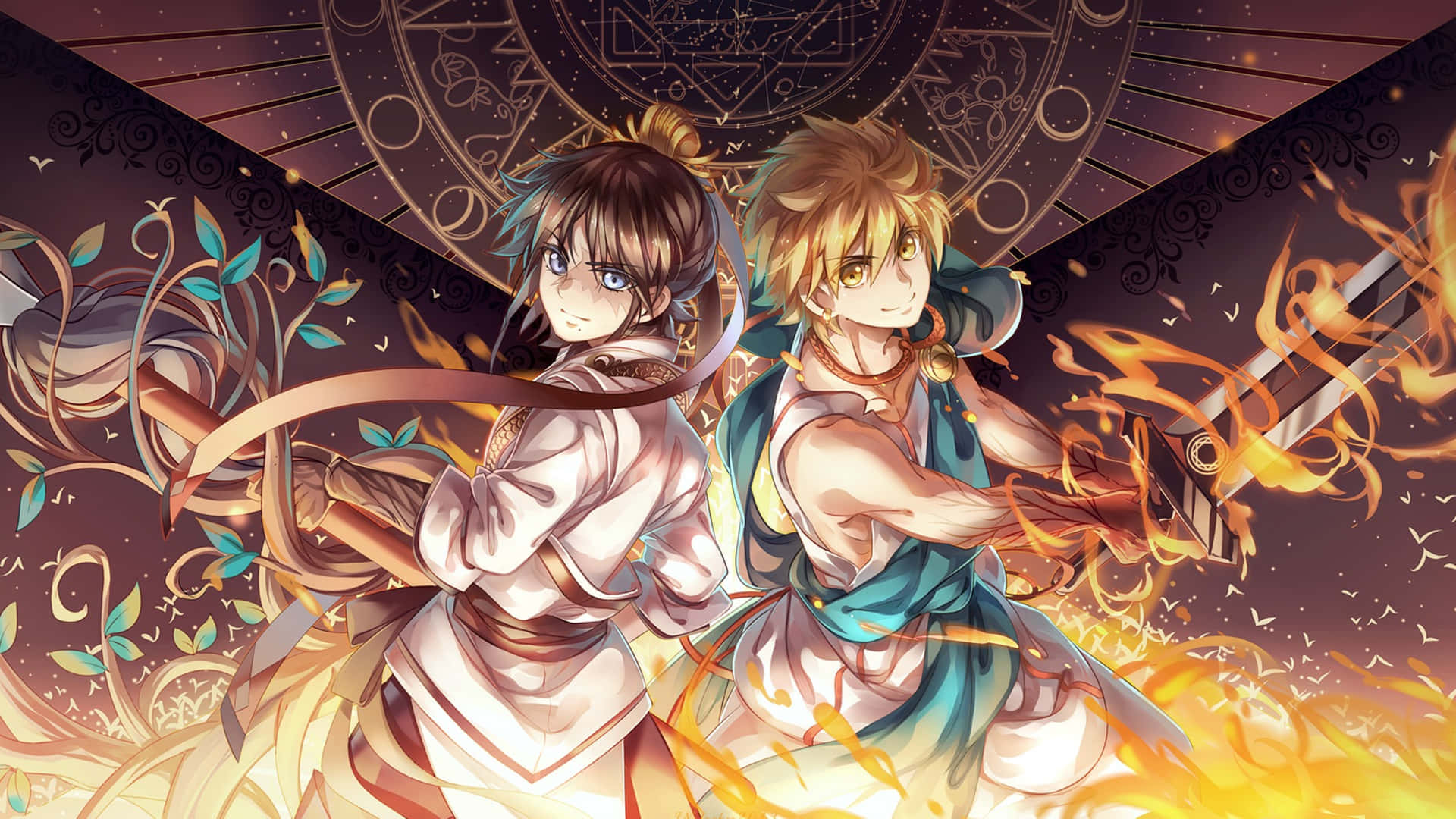 iki anime karakteri ateşin önünde duruyor Duvar Kağıdı