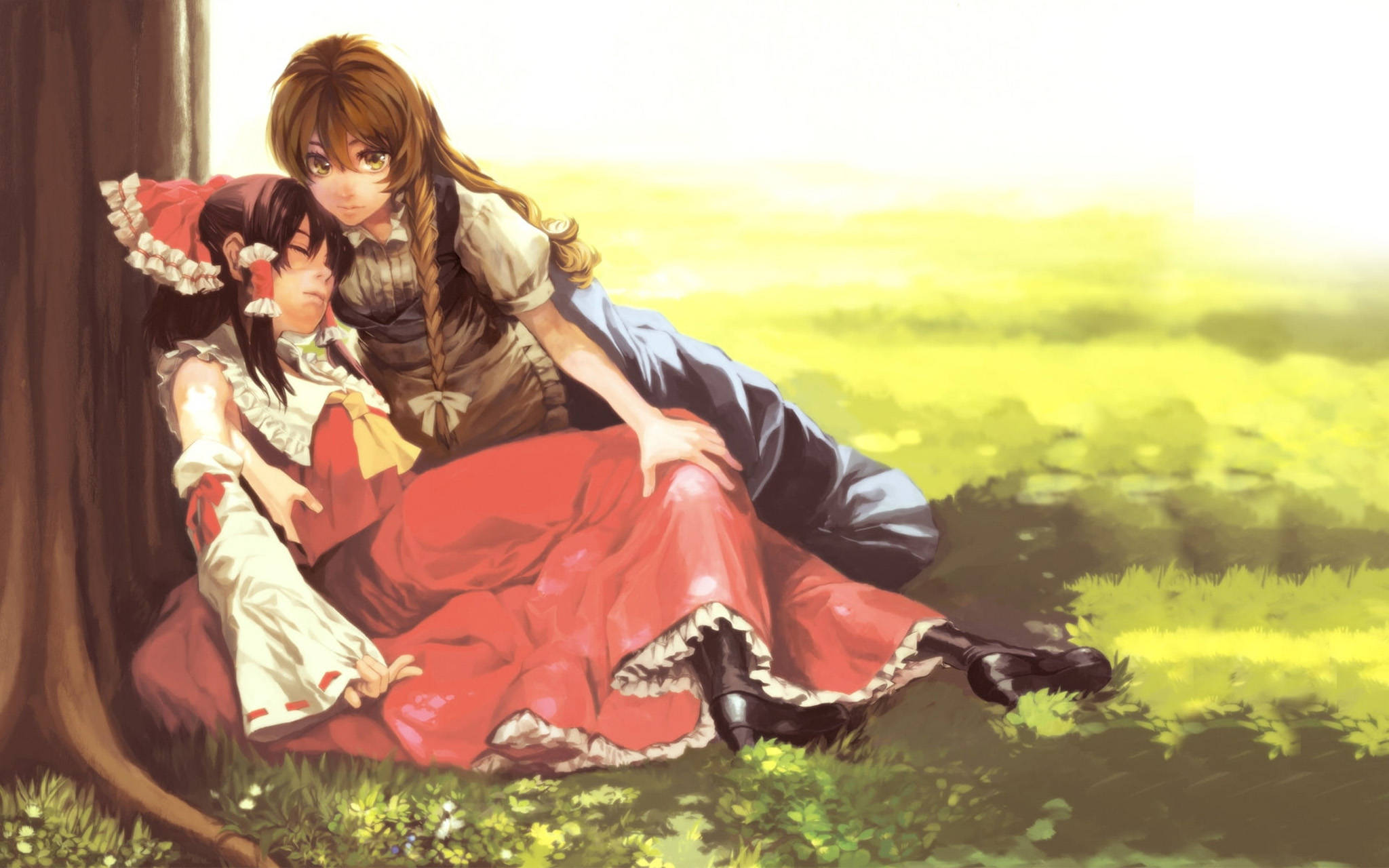 İki Anime Karakteri, Reimu ve Marisa'nın İçten Kucaklaşması Duvar Kağıdı