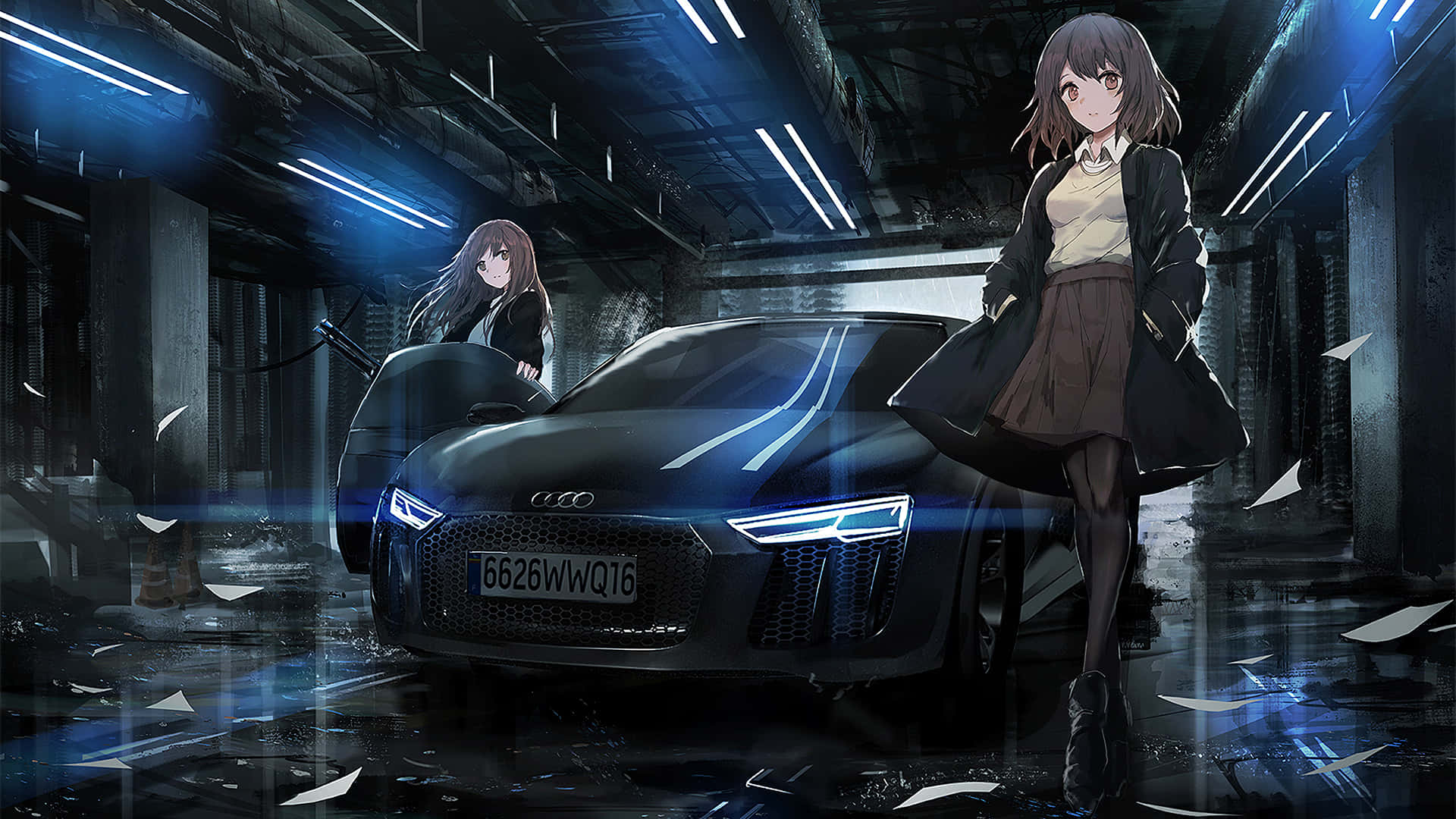 iki anime kızı arabanın yanında duruyor Duvar Kağıdı