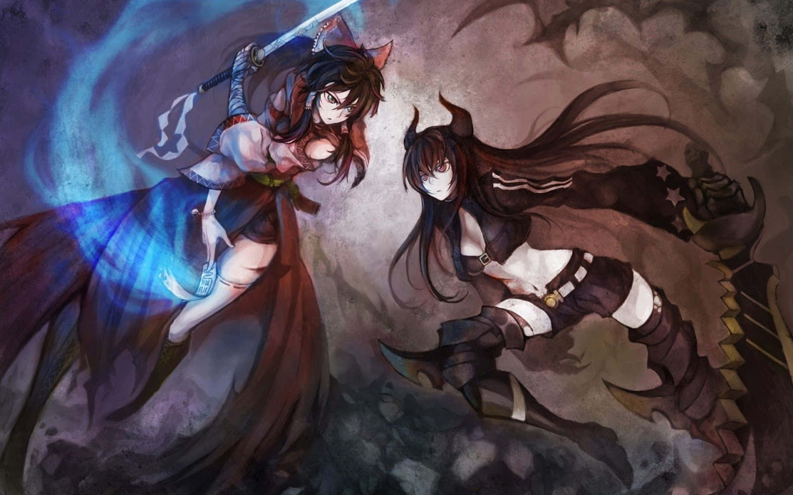 iki anime kızı arka planda kılıçlarla Duvar Kağıdı