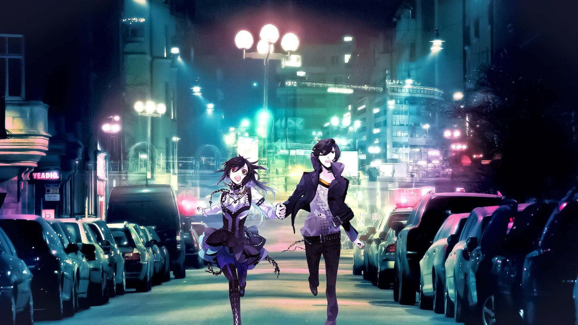 iki anime kızı gece vakti bir sokakta yürüyor Duvar Kağıdı