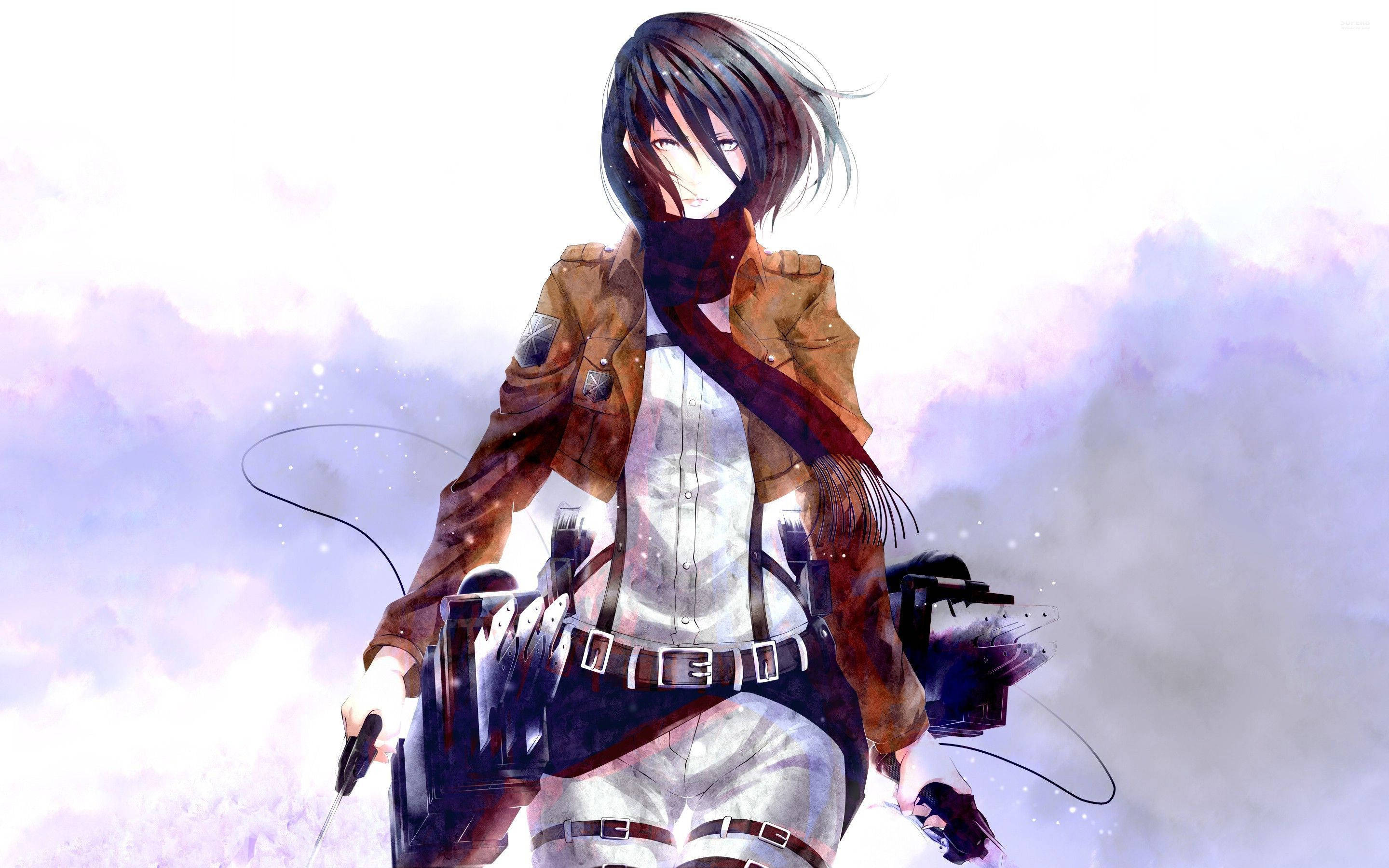 İki cesur keşifçi, Mikasa Ackerman ve Eren Yeager, Attack On Titan animesinde savaşa hazırlanıyor. Duvar Kağıdı