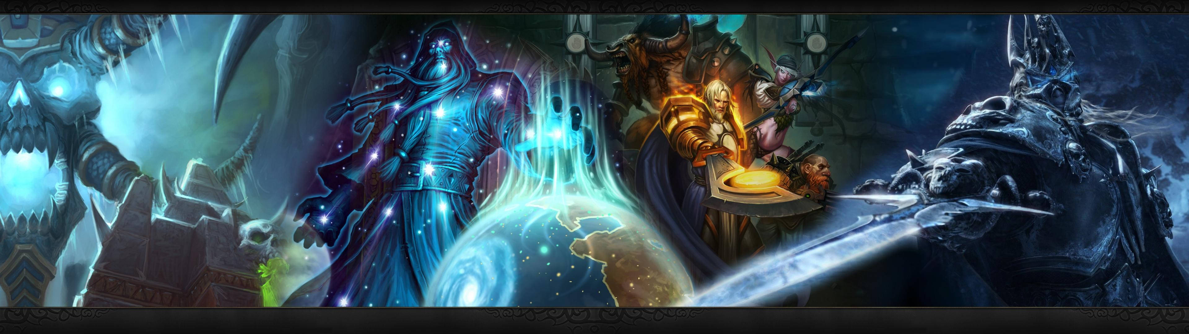 İki World of Warcraft Karakteri Çift Monitörde Savaşıyor Duvar Kağıdı