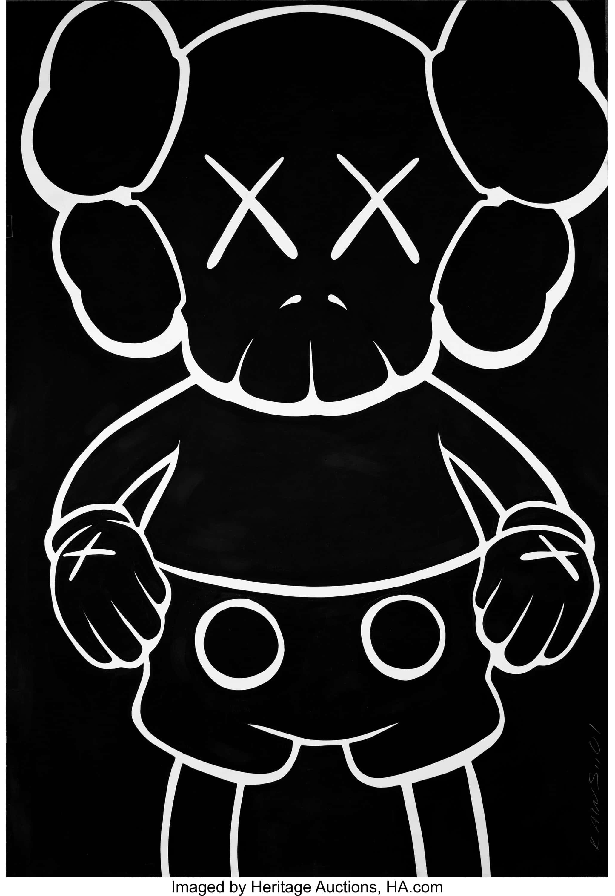 İkonik KAWS Companion karakteri mavi bir gökyüzüne karşı yukarı bakarken gösteriliyor Duvar Kağıdı