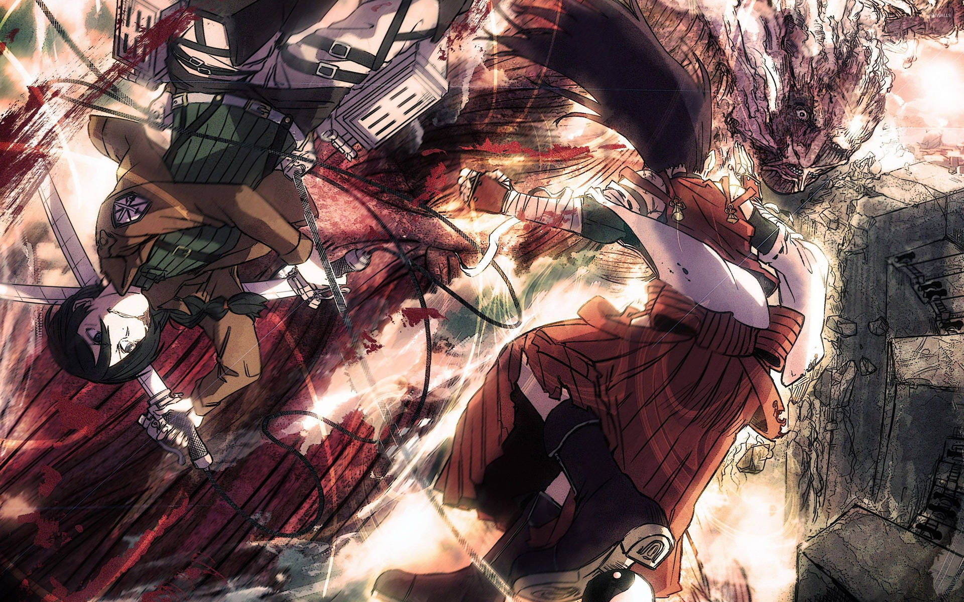 Attack On Titan hayran sanatı duvar kağıdında buhar saçan Kolosal Titan ile savaşan Mikasa Ackerman
