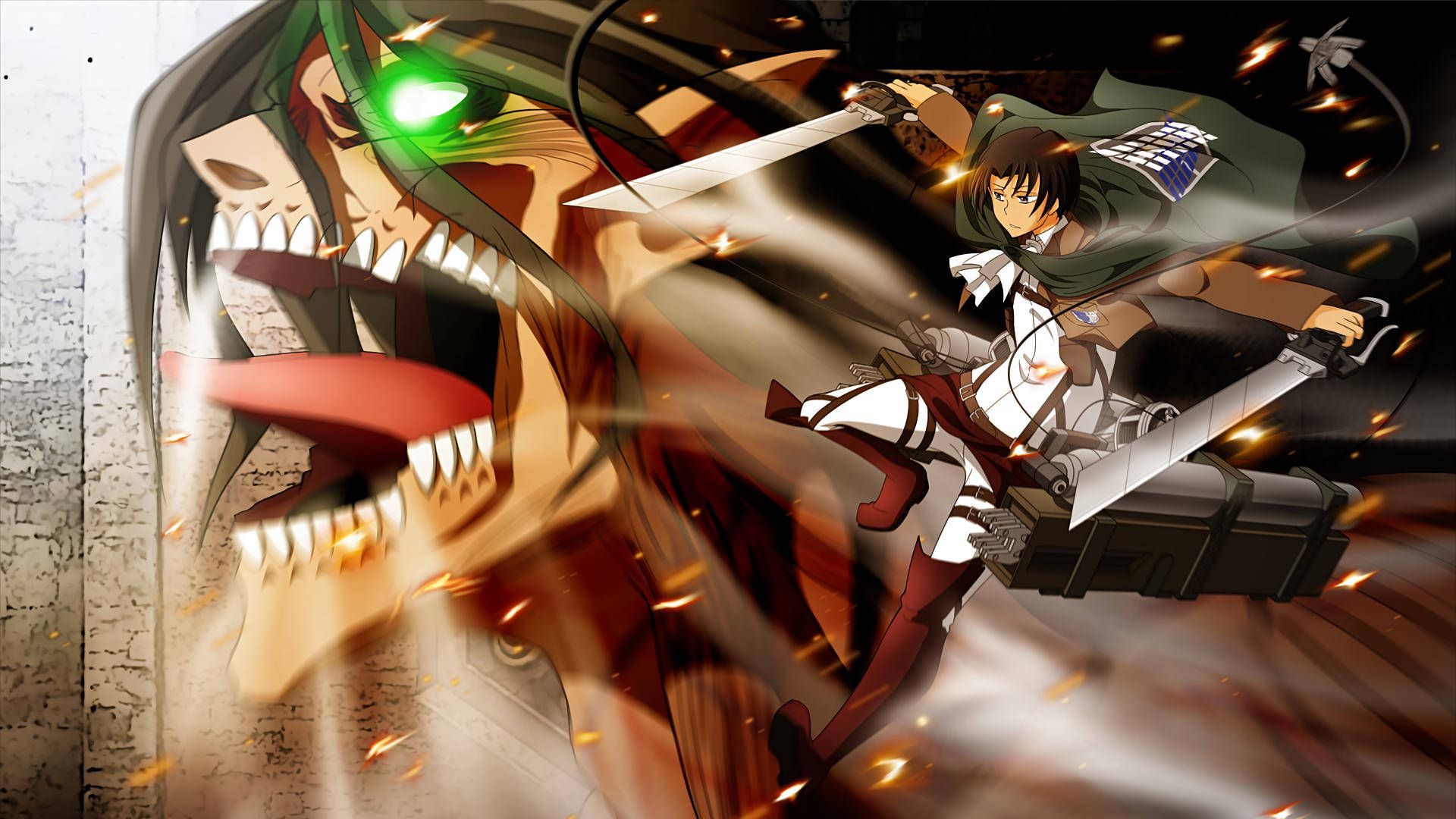 Levi, ODM ekipmanıyla Eren'in Attack Titan formunun yanında, Attack on Titan hayran sanatı duvar kağıdında kanatlanıyor.