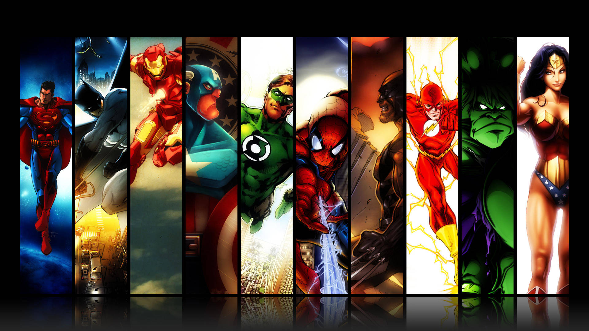 Her karakterin yer aldığı çizgili arka planda Marvel Süper Kahramanları