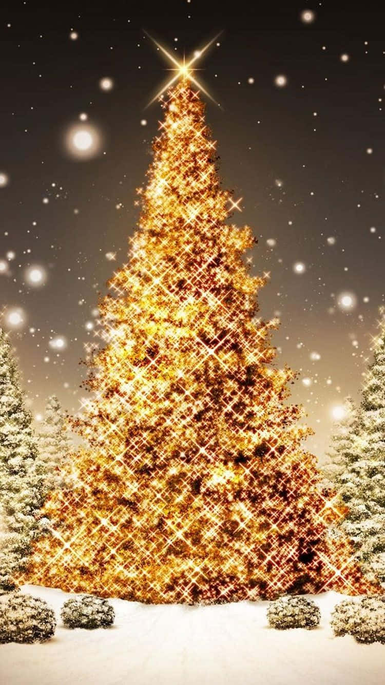 iPhone Altın Noel Ağacı Kar Duvar Kağıdı
