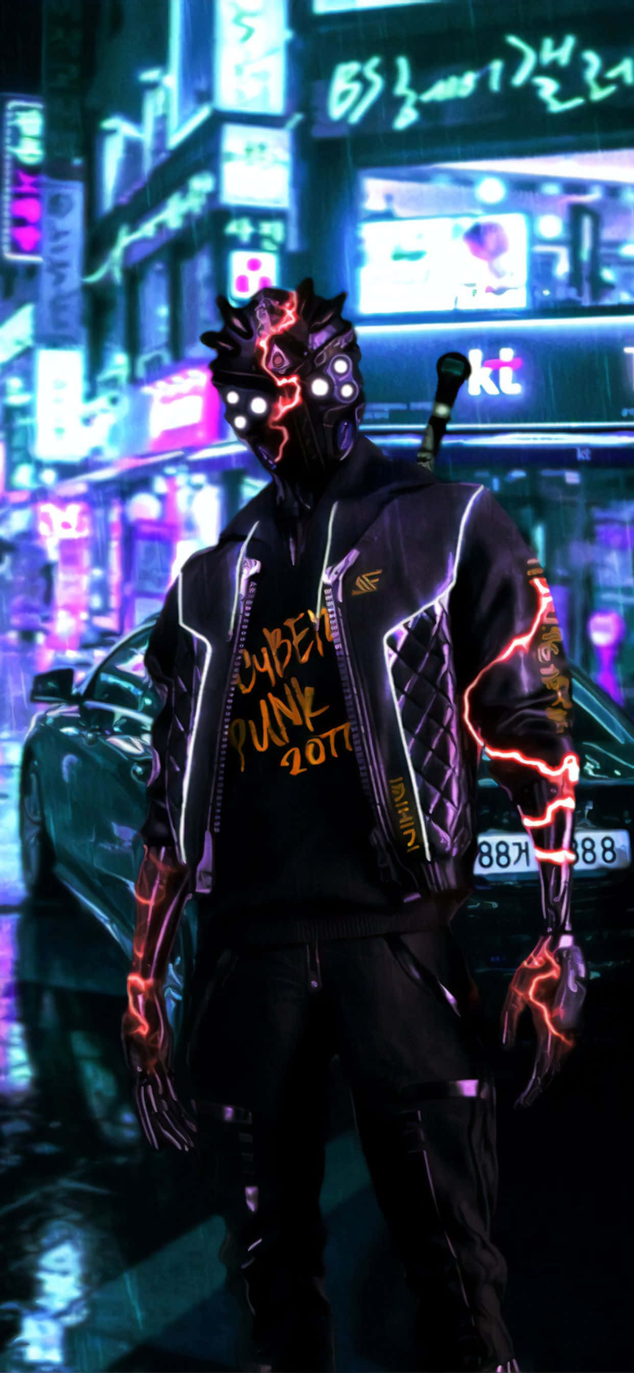 iPhone X Cyberpunk 2077 Arka Planı Siyah Cyborg Karakteri Duvar Kağıdı