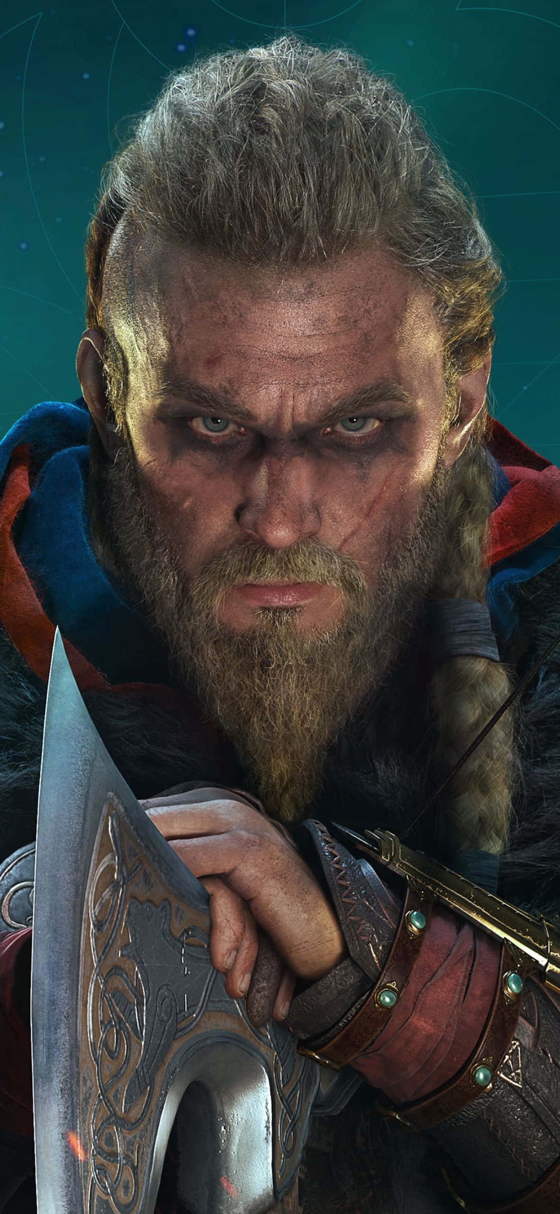 iPhone XS Assassin's Creed Valhalla Eivor Baltasını Tutarken Arka Plan Duvar Kağıdı